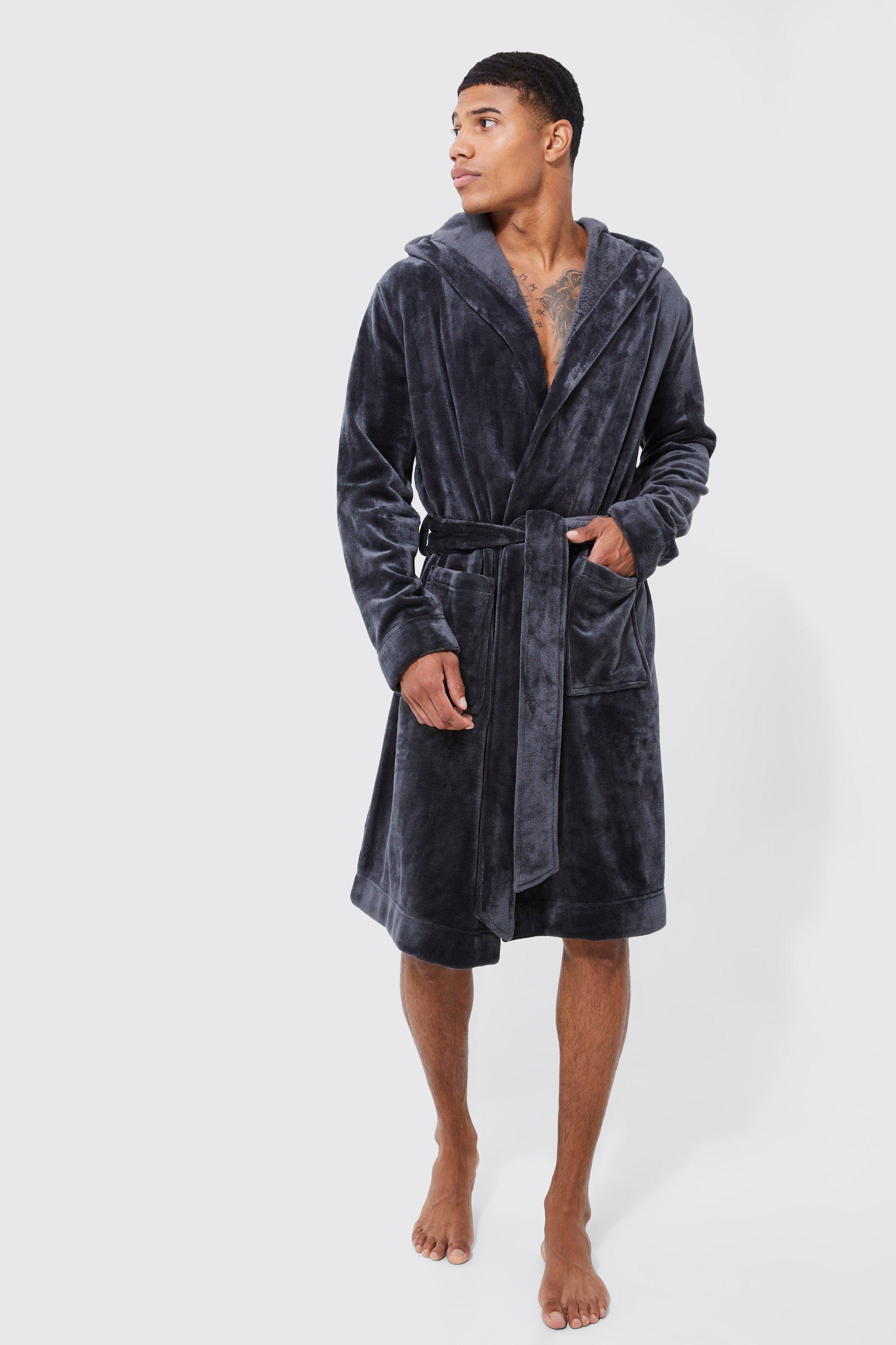 Mens Grey Hooded Dressing Gown, Grey