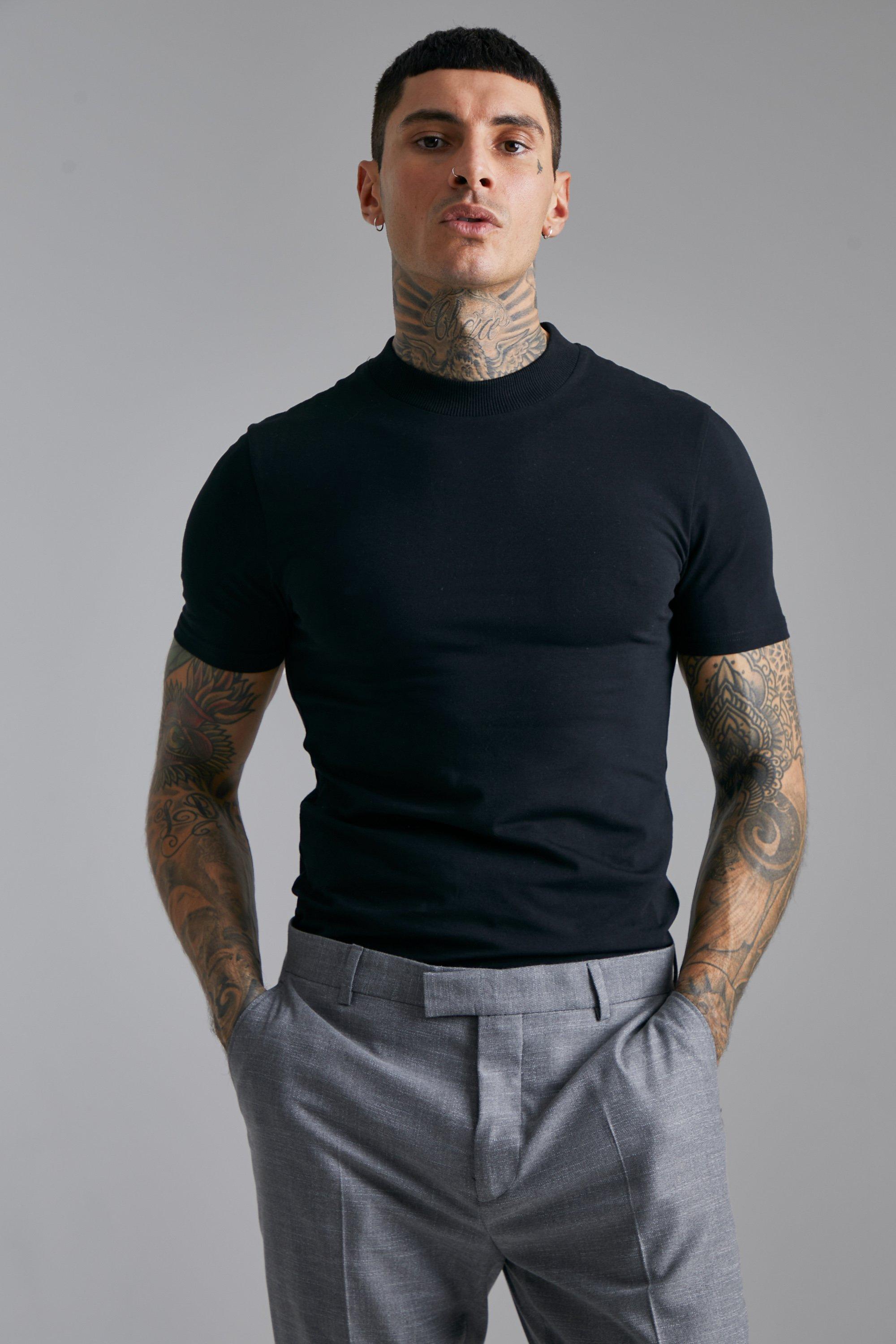Mens Black Muscle Fit Extended Neck T-shirt, Black