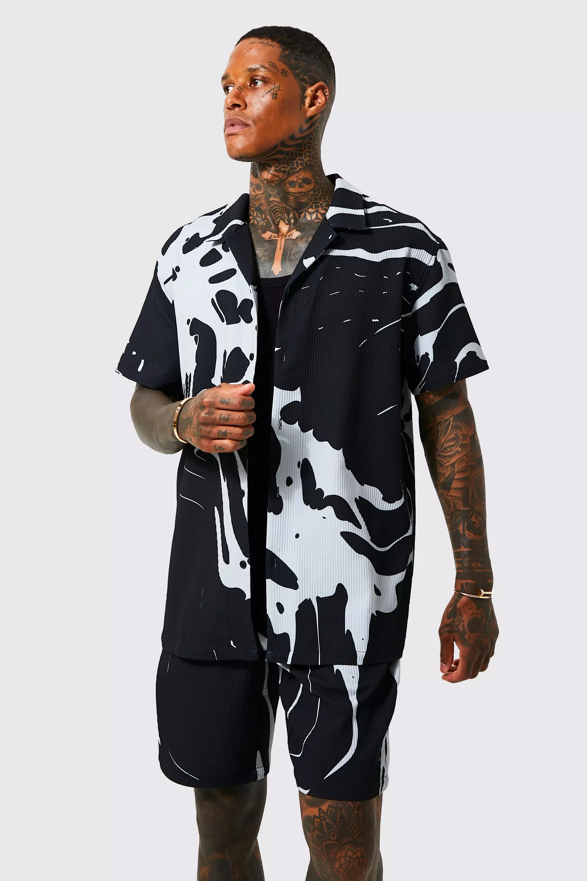 Pleated Marble Oversized Shirt And Short Set | boohooMAN USA
