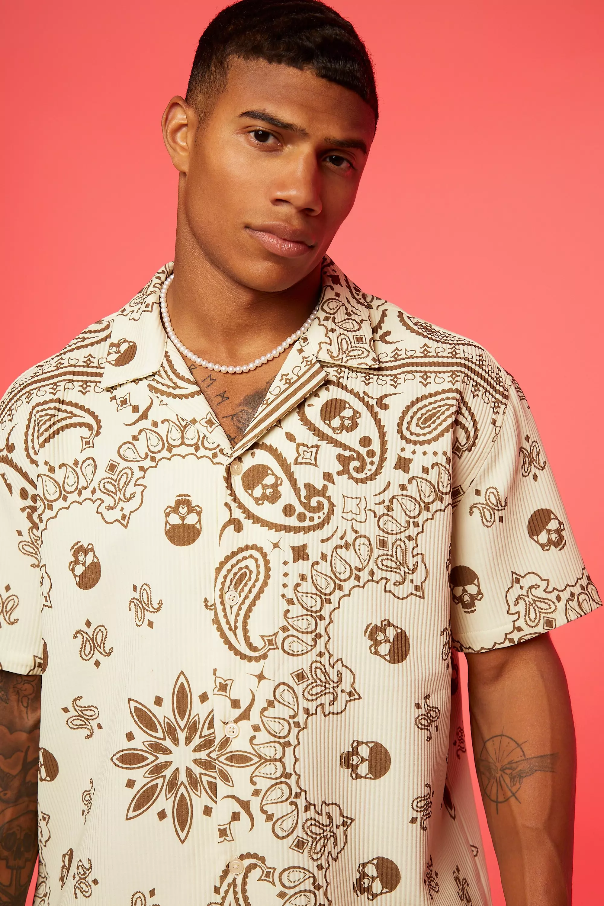 Short Sleeve Revere Oversized Bandana Shirt