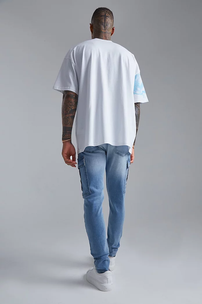 Mens Jeans BoohooMAN Jeans for Men BoohooMAN Denim Skinny Stretch Rip & Repair Cargo Jeans in Ice Blue Blue 