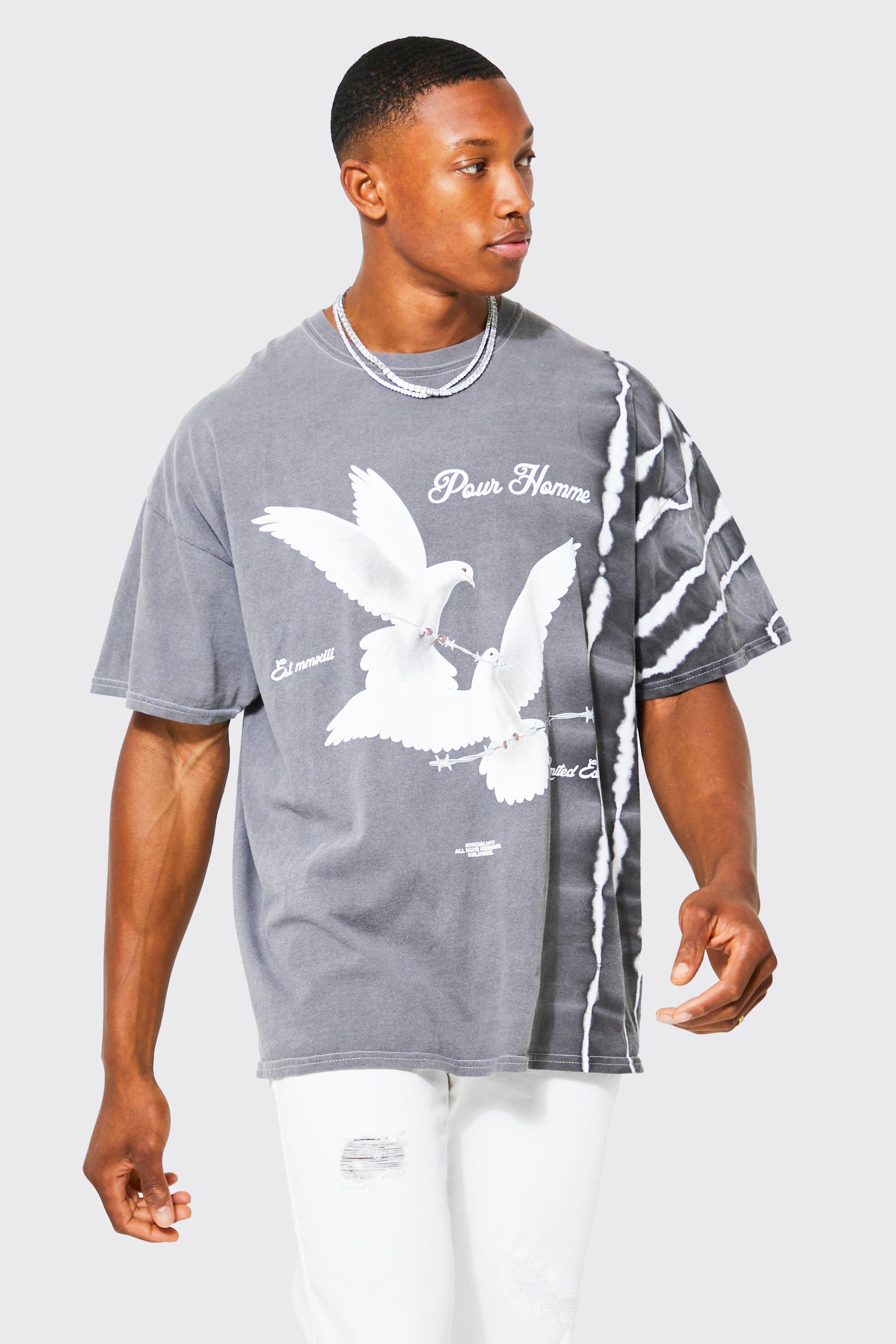 Image of T-shirt oversize candeggiata in fantasia tie dye con grafica, Grigio