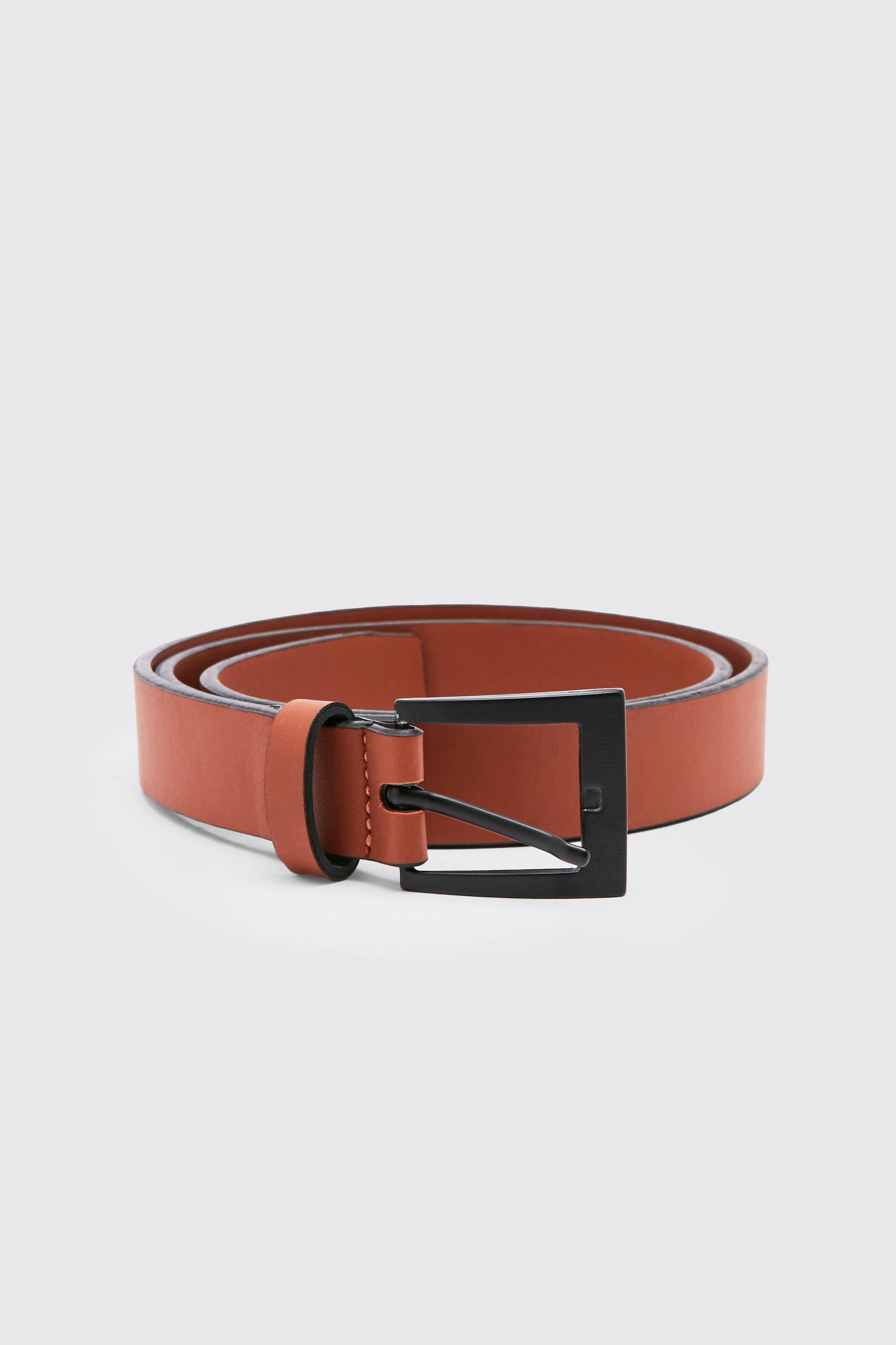 Mens Brown Matte Rectangle Buckle Leather Look Belt, Brown