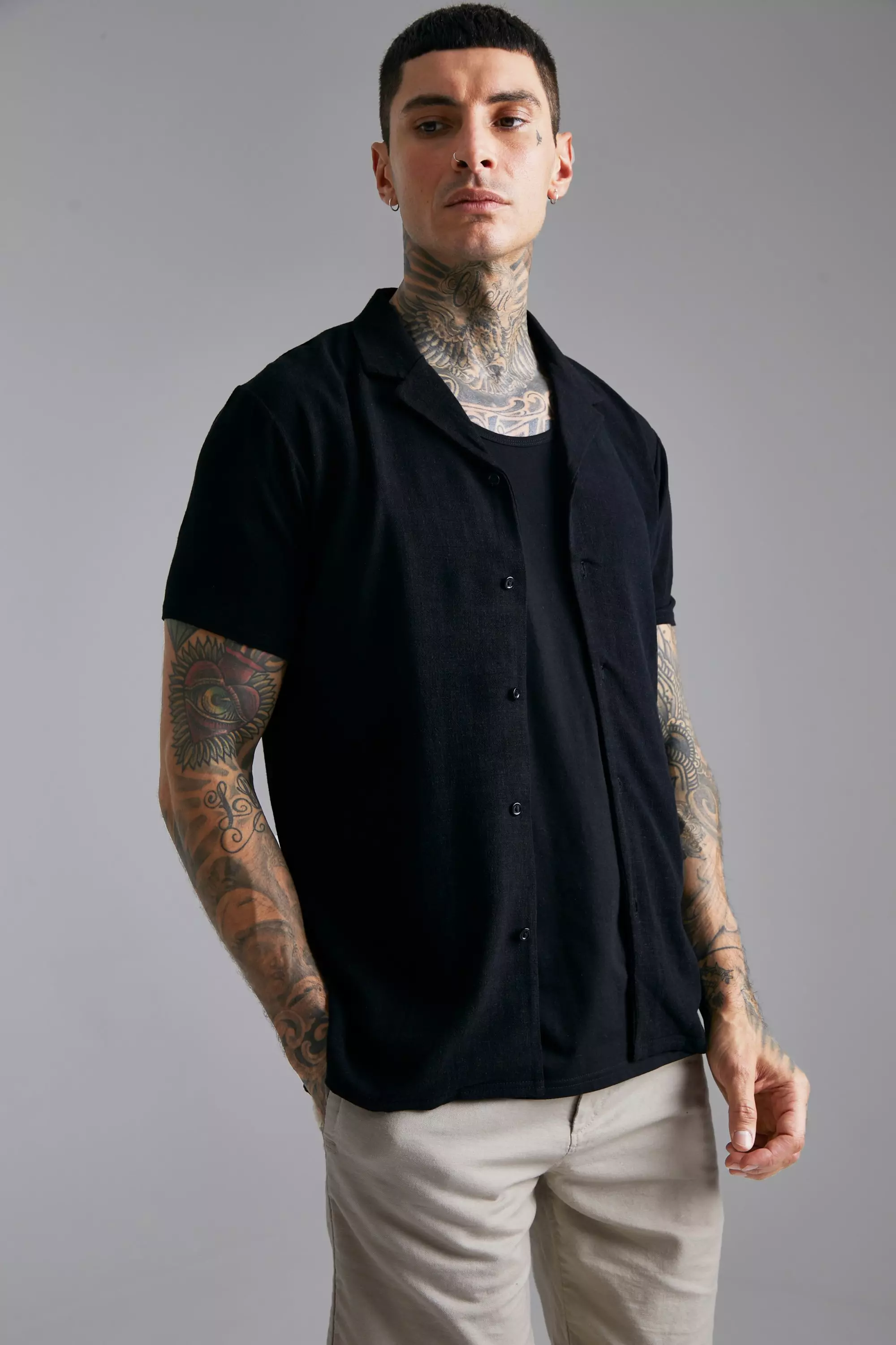 Mens black linen sales short sleeve shirt