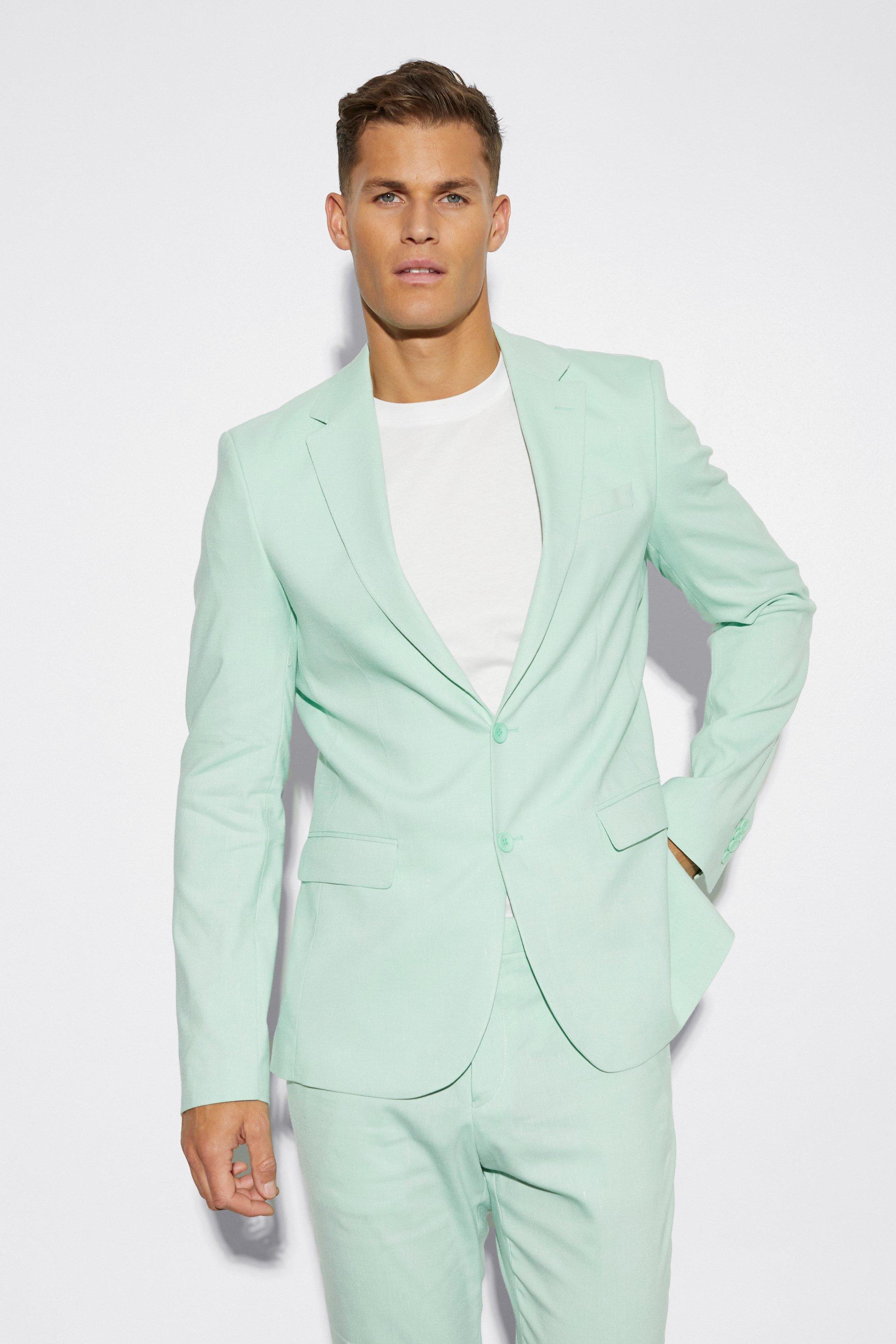 Mens Green Tall Single Breasted Slim Linen Suit Jacket, Green