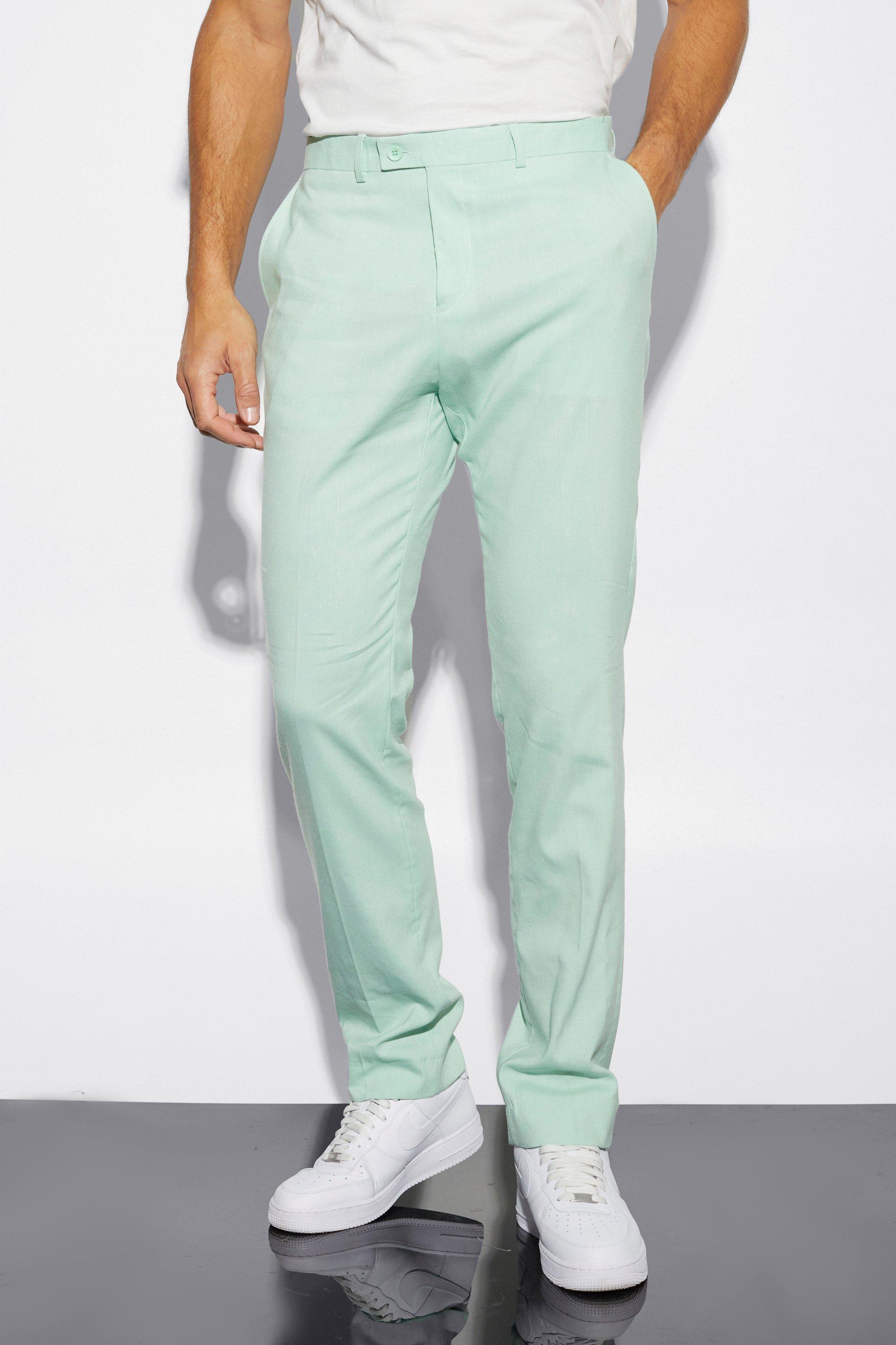 Mens Green Tall Slim Linen Suit Trousers, Green