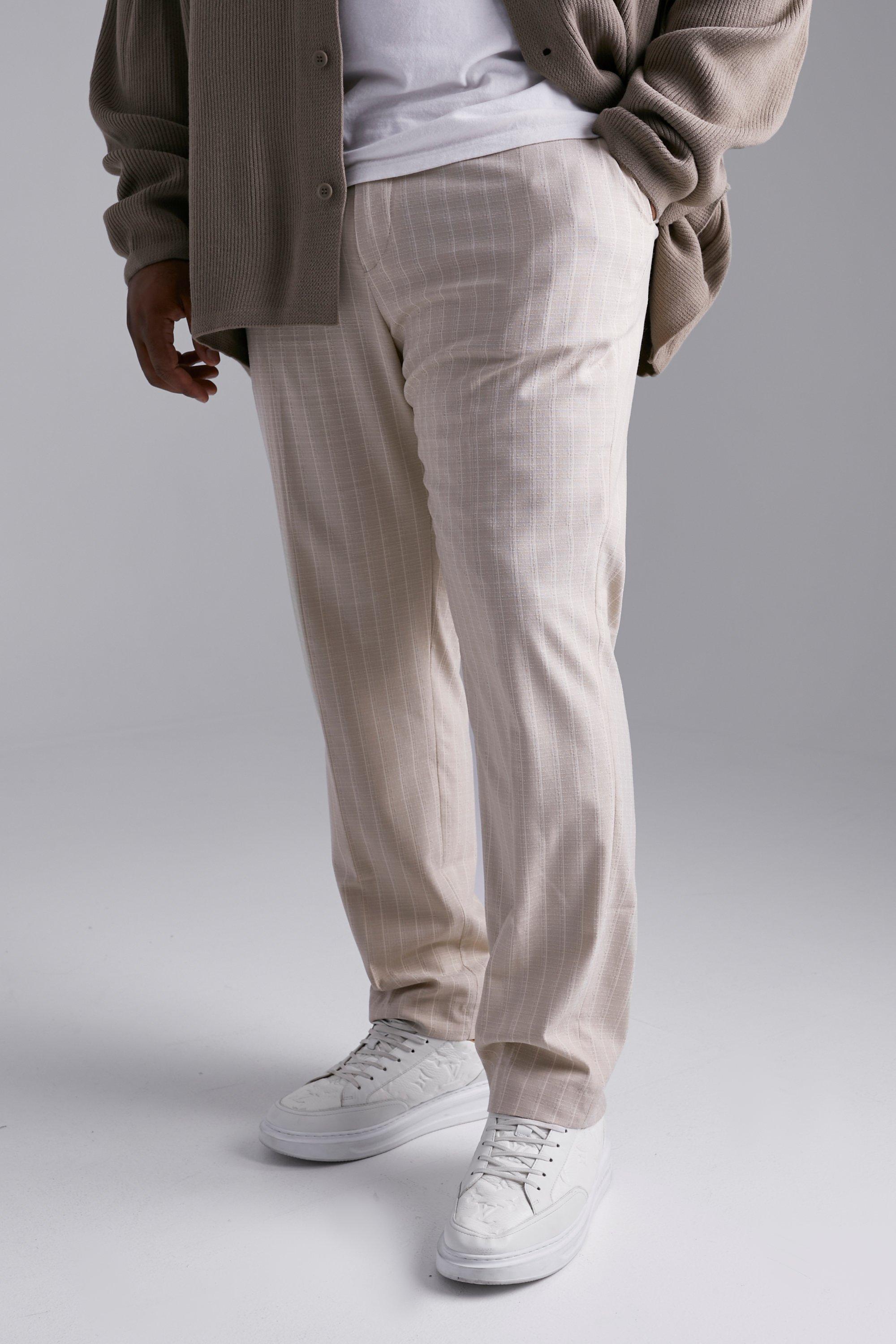Mens Beige Plus Slim Stripe Textured Suit Trousers, Beige