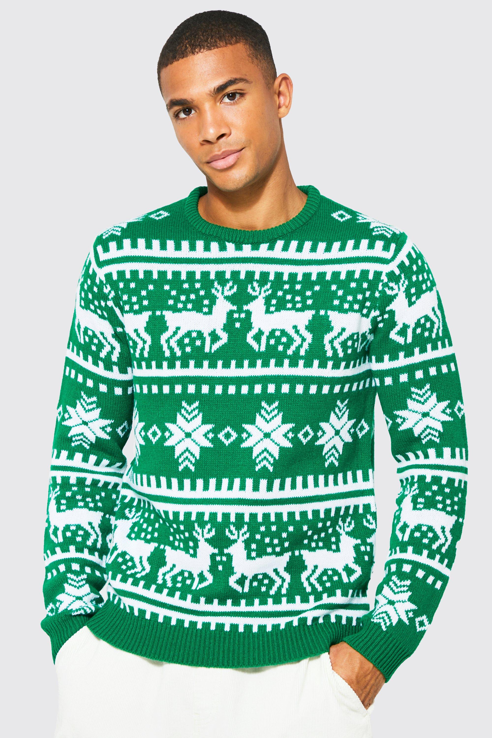 Maglione natalizio con renne e motivi Fairisle, Verde