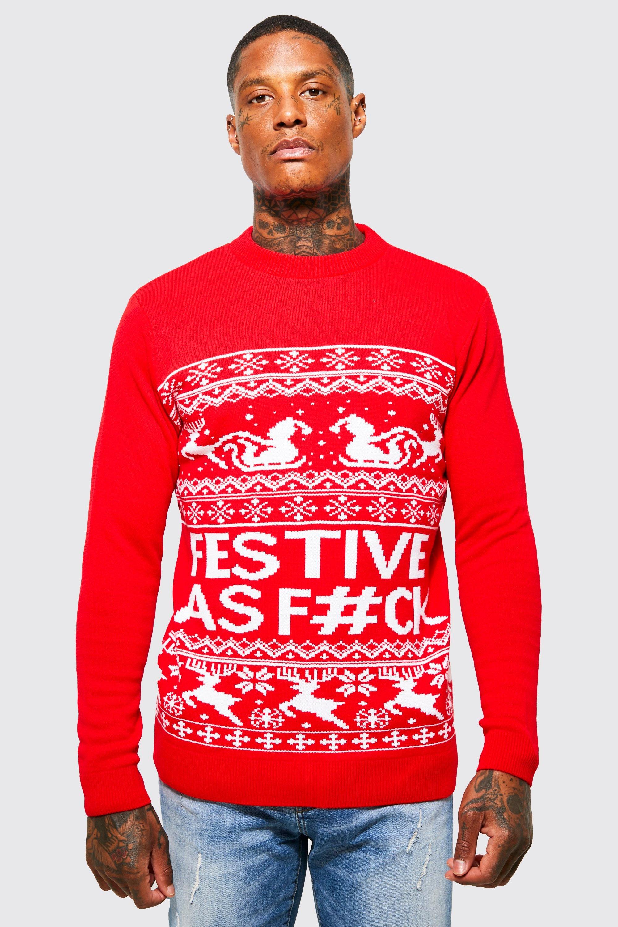 Mens Red Festive Slogan Christmas Jumper, Red