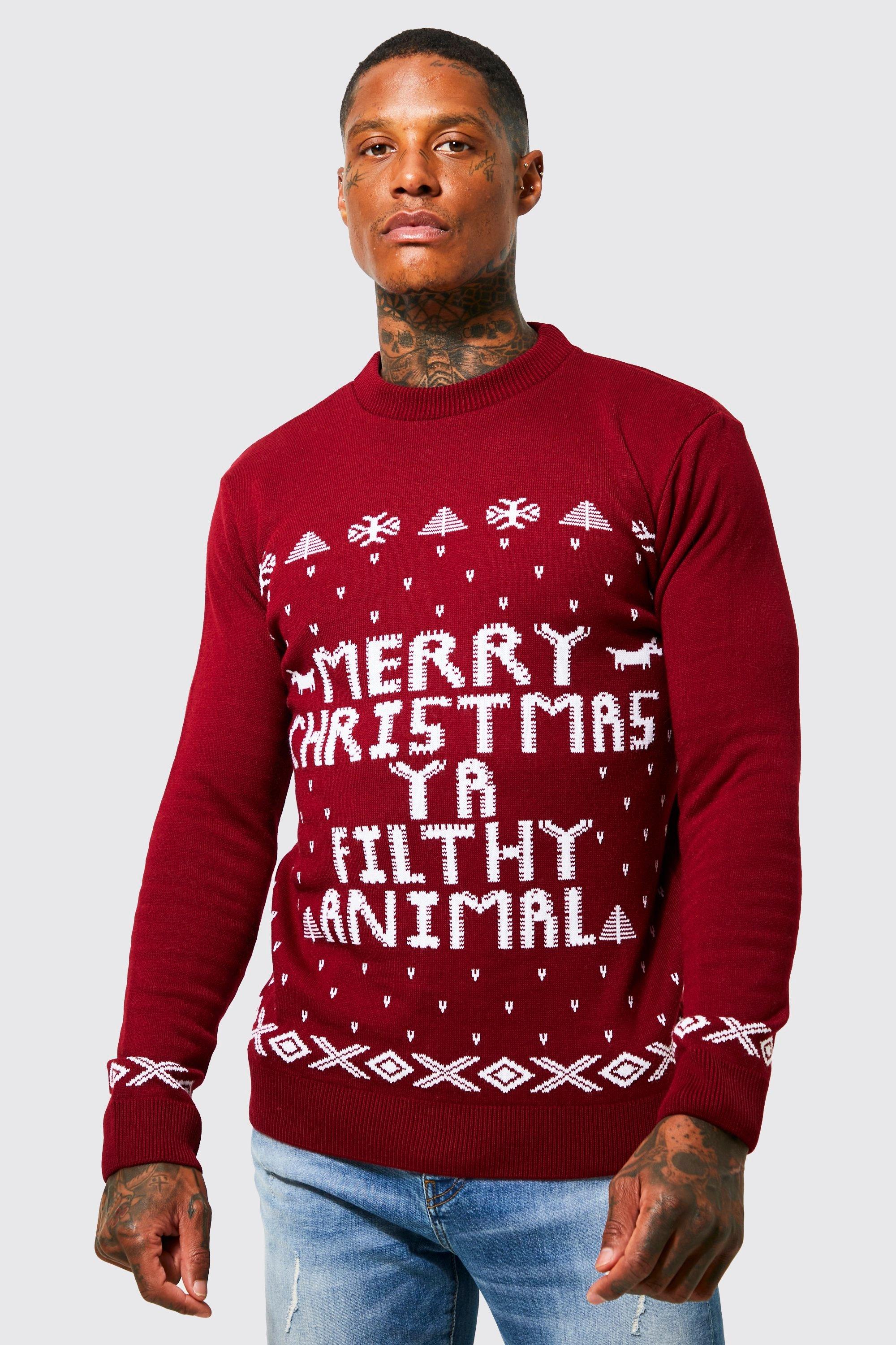 Maglione natalizio con slogan Merry Christmas Ya Filthy Animal, Rosso