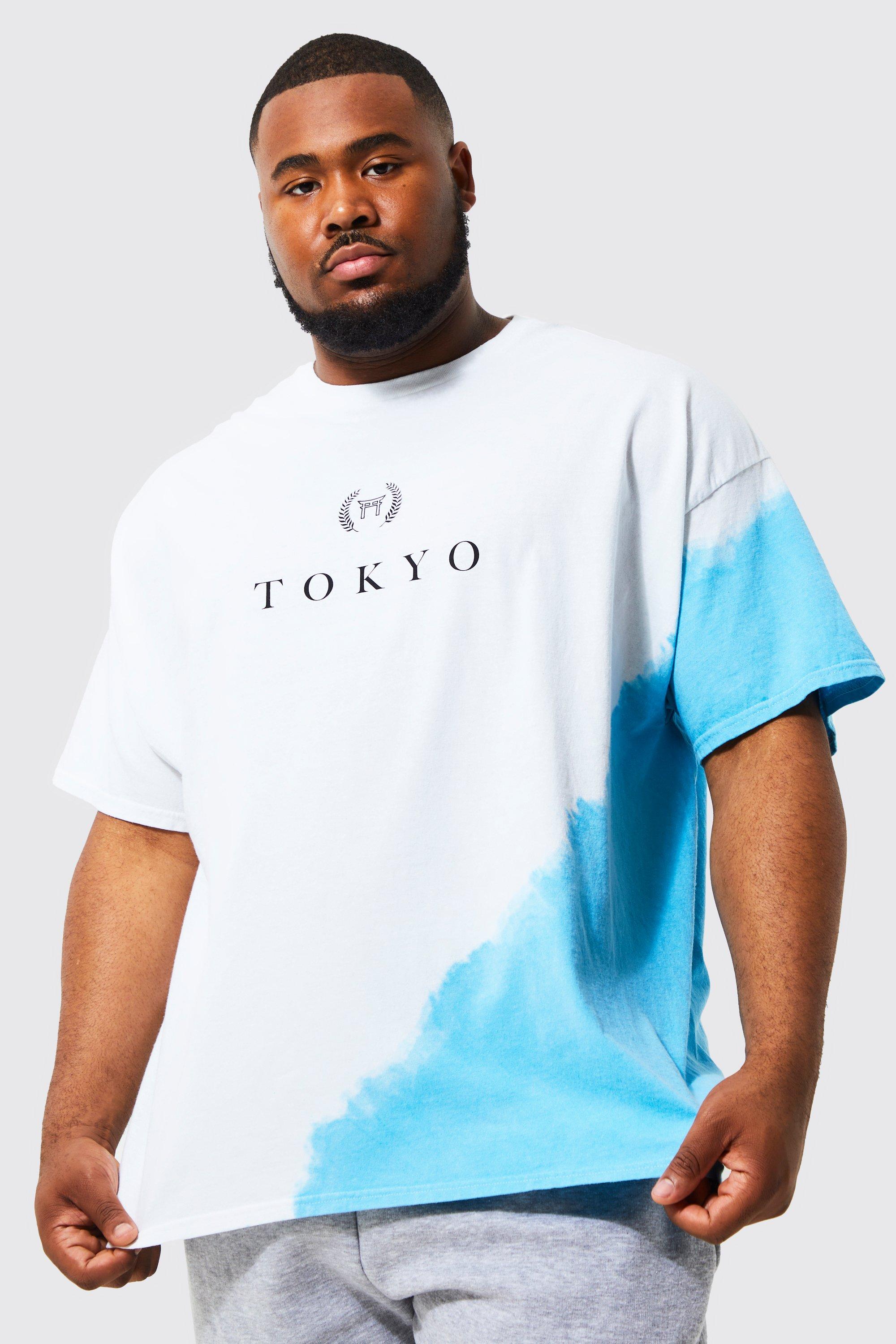 Image of T-shirt Plus Size in fantasia tie dye con stampa Tokyo, Bianco