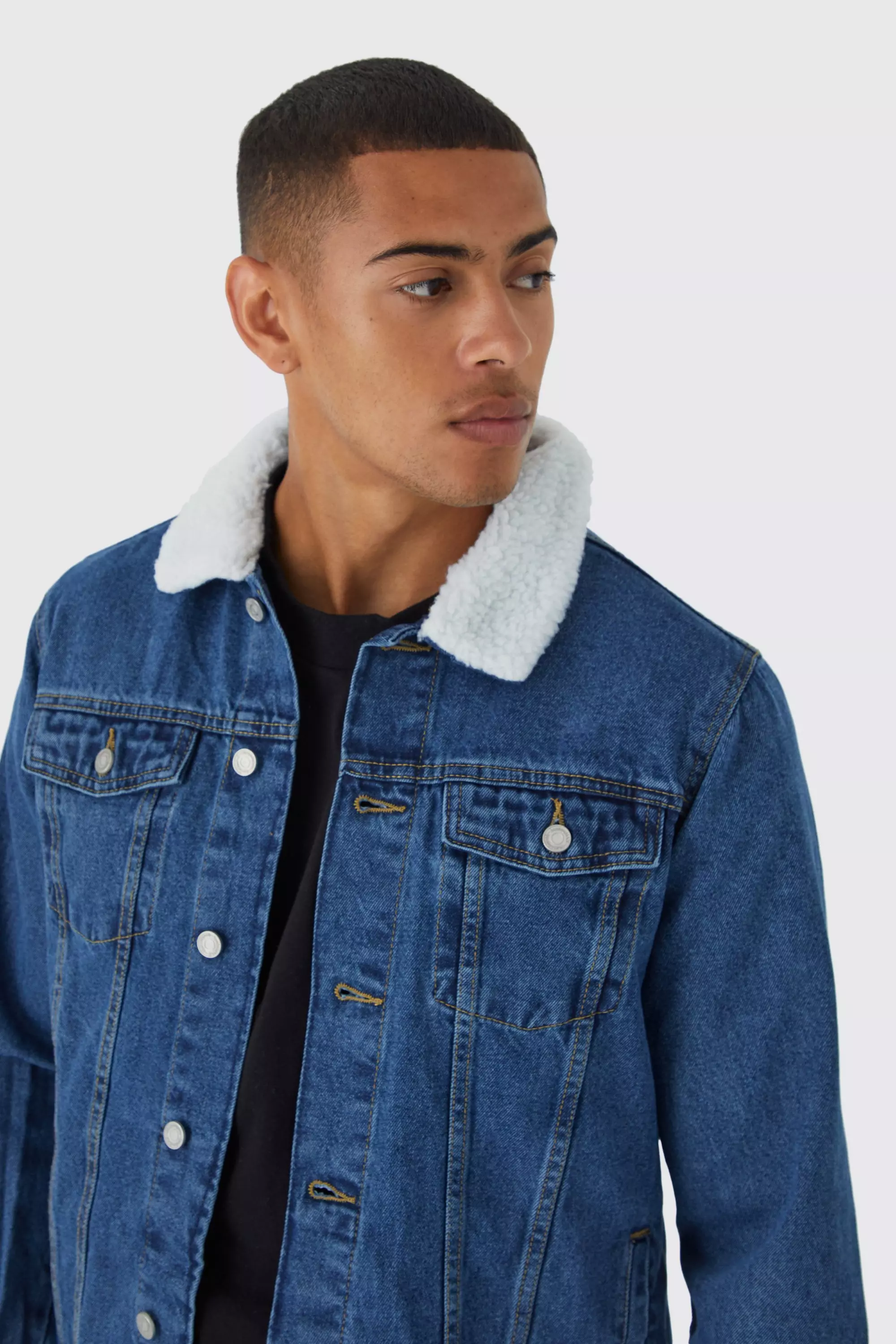 Camo Denim Jacket With Borg Collar | boohooMAN USA