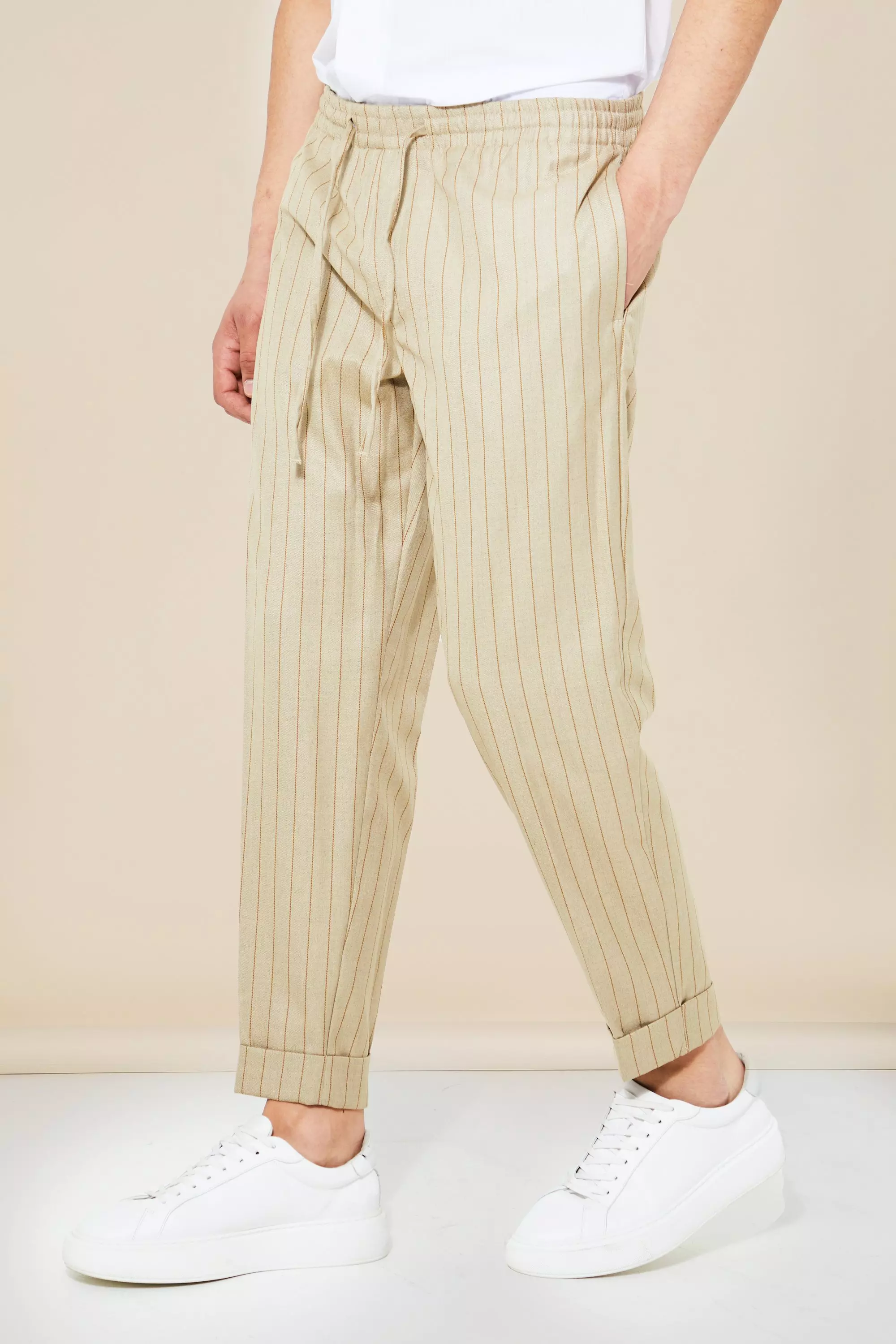 Slim Pinstripe Crop Tailored Trouser | boohooMAN USA