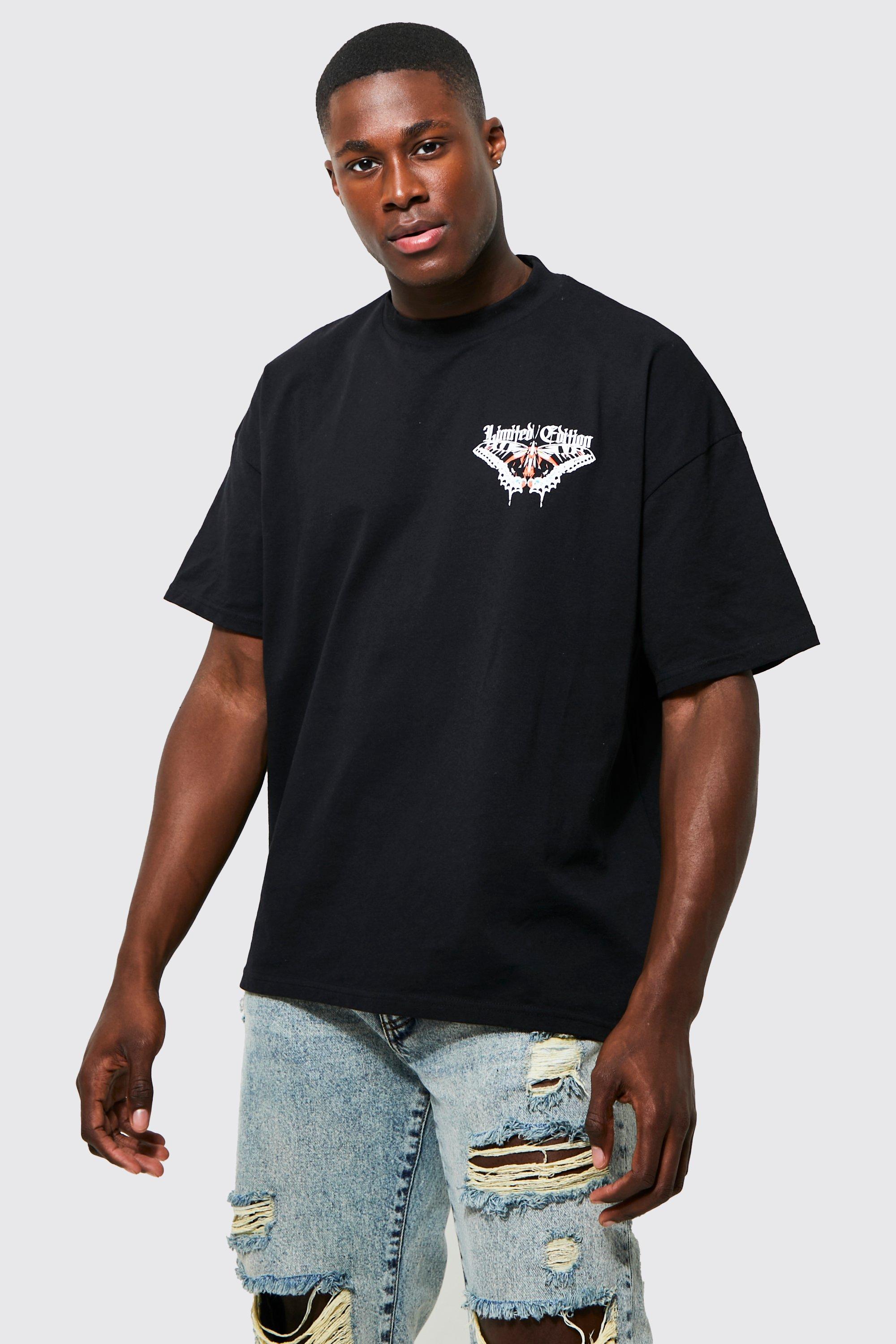 Mens Black Oversized Butterfly Heavyweight T-shirt, Black