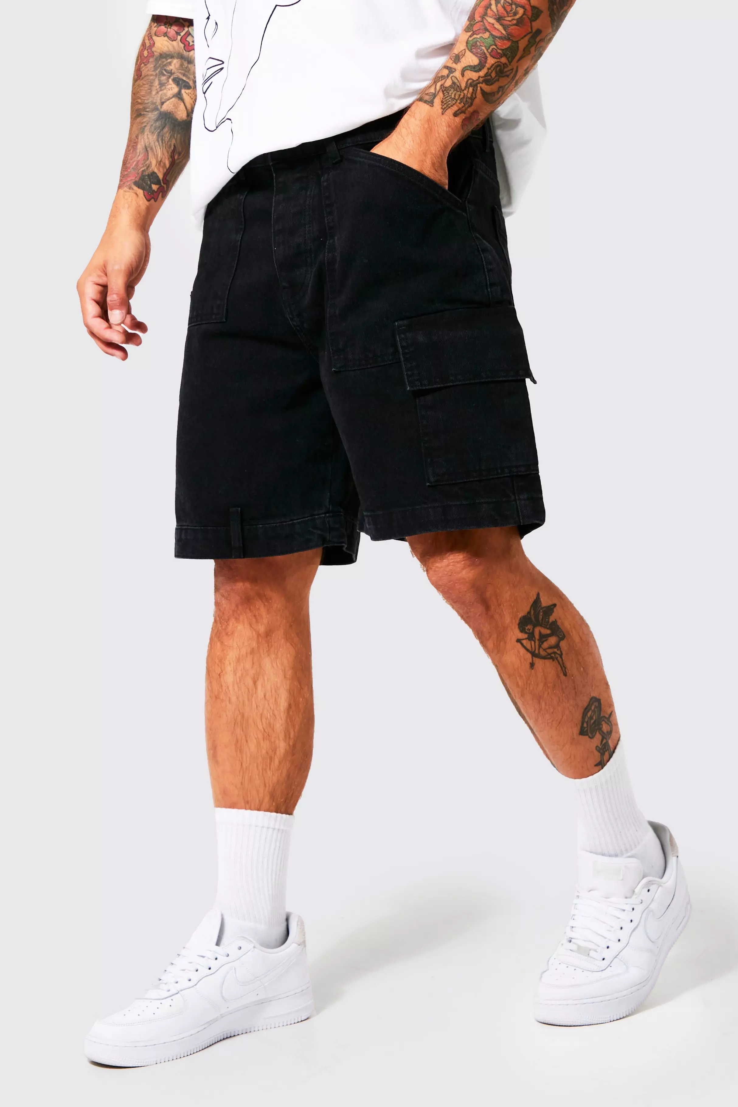 Black Washed Denim Carpenter Shorts