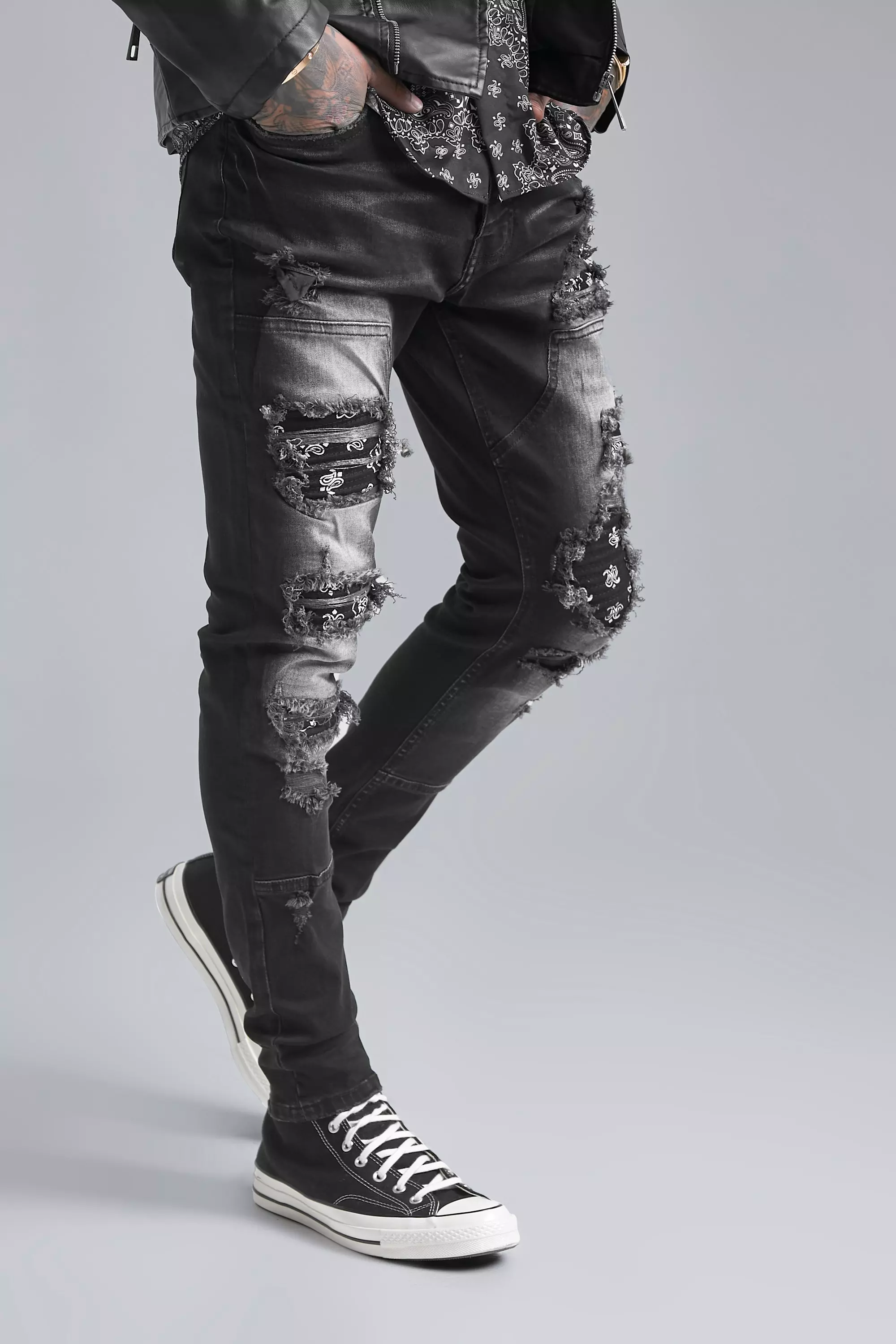 Skinny Stretch Rip u0026 Repair Bandana Jeans | boohooMAN UK