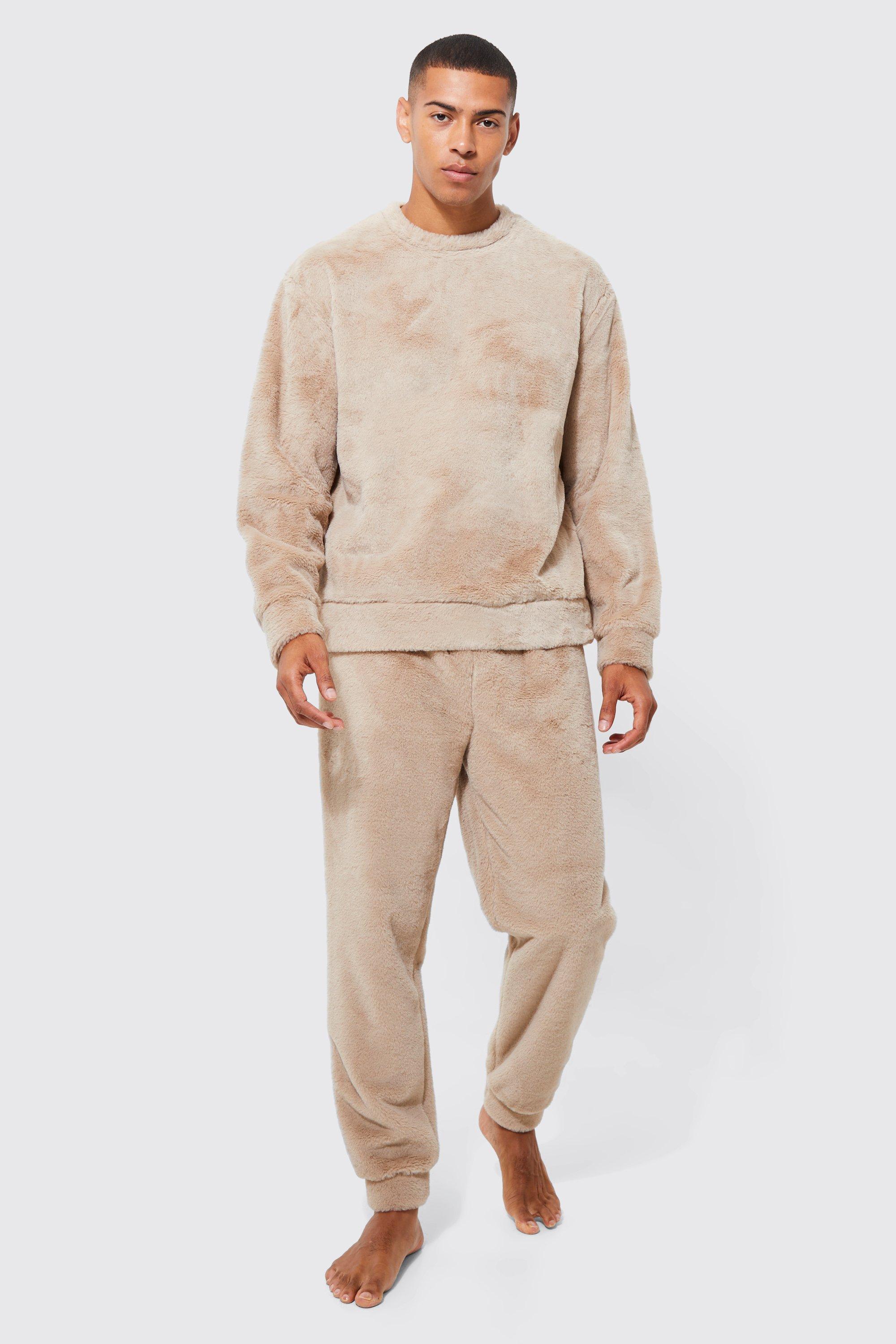 men's faux fur oversized jumper and cuffed jogger lounge set - beige - s, beige