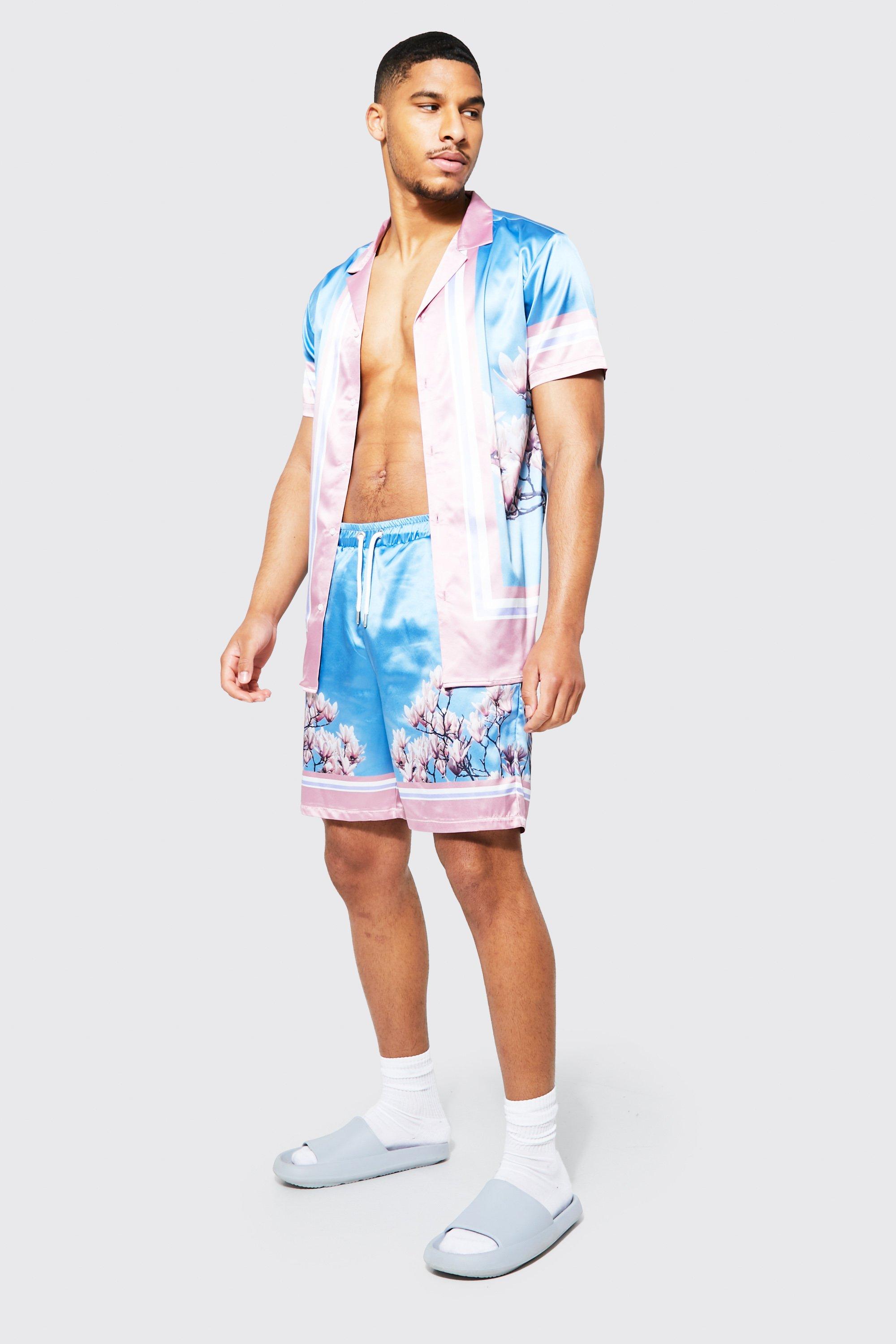 Tall - Ensemble Satiné Avec Chemise Et Short - Bleu Clair - L, Bleu Clair
