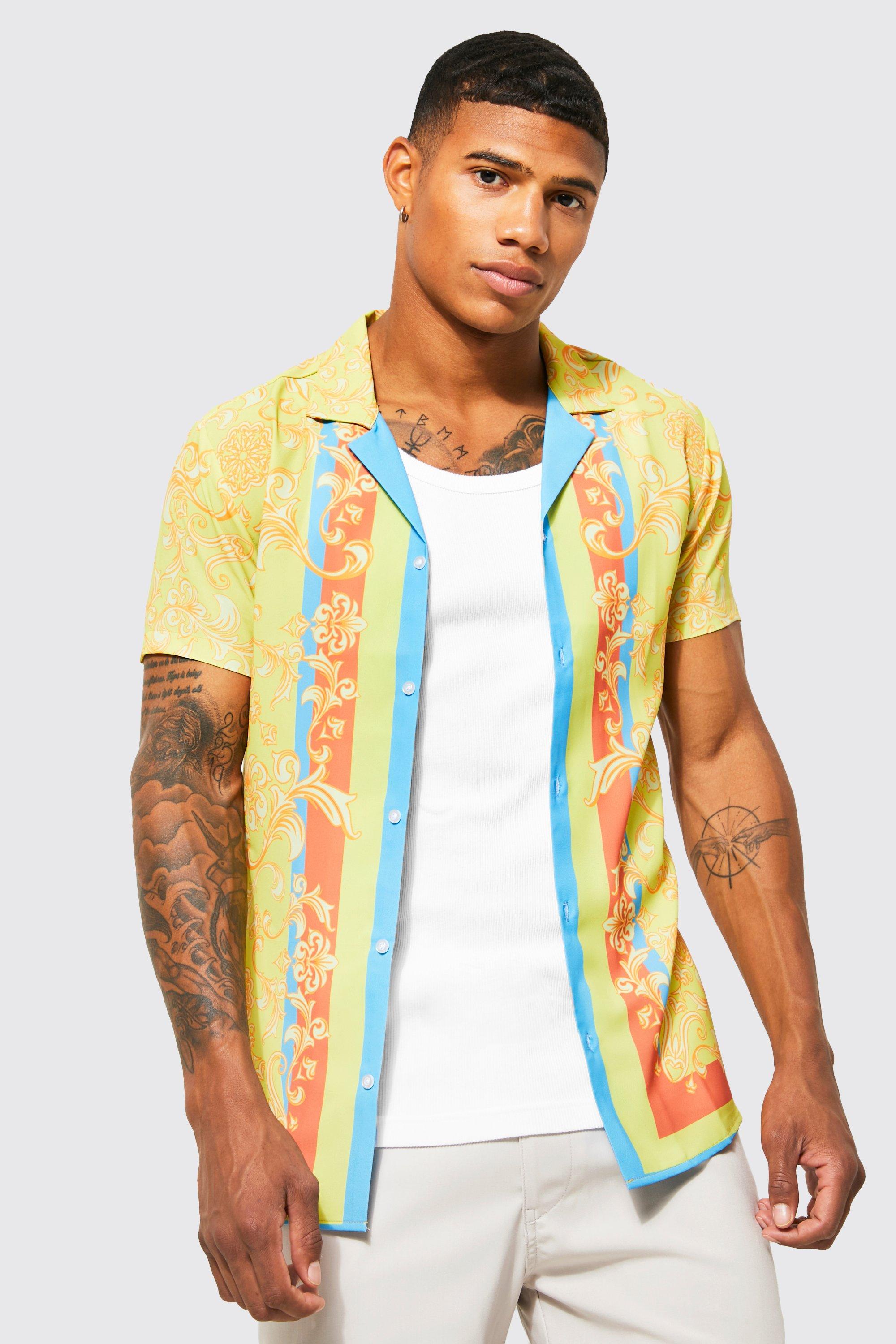 Mens Yellow Short Sleeve Muscle Fit Baroque Revere Shirt, Yellow