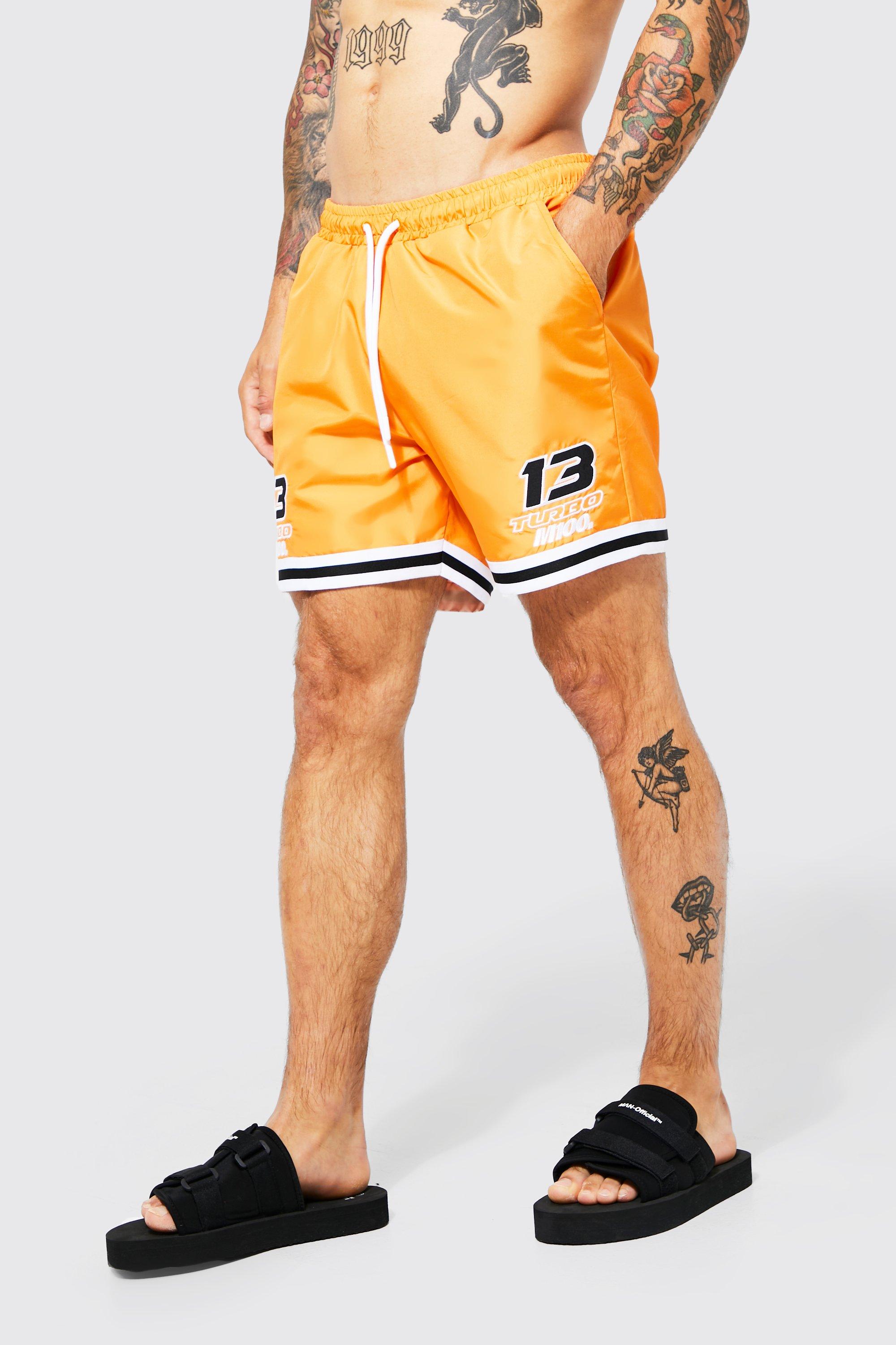 Mens Orange Mid Length Moto Swim Shorts, Orange