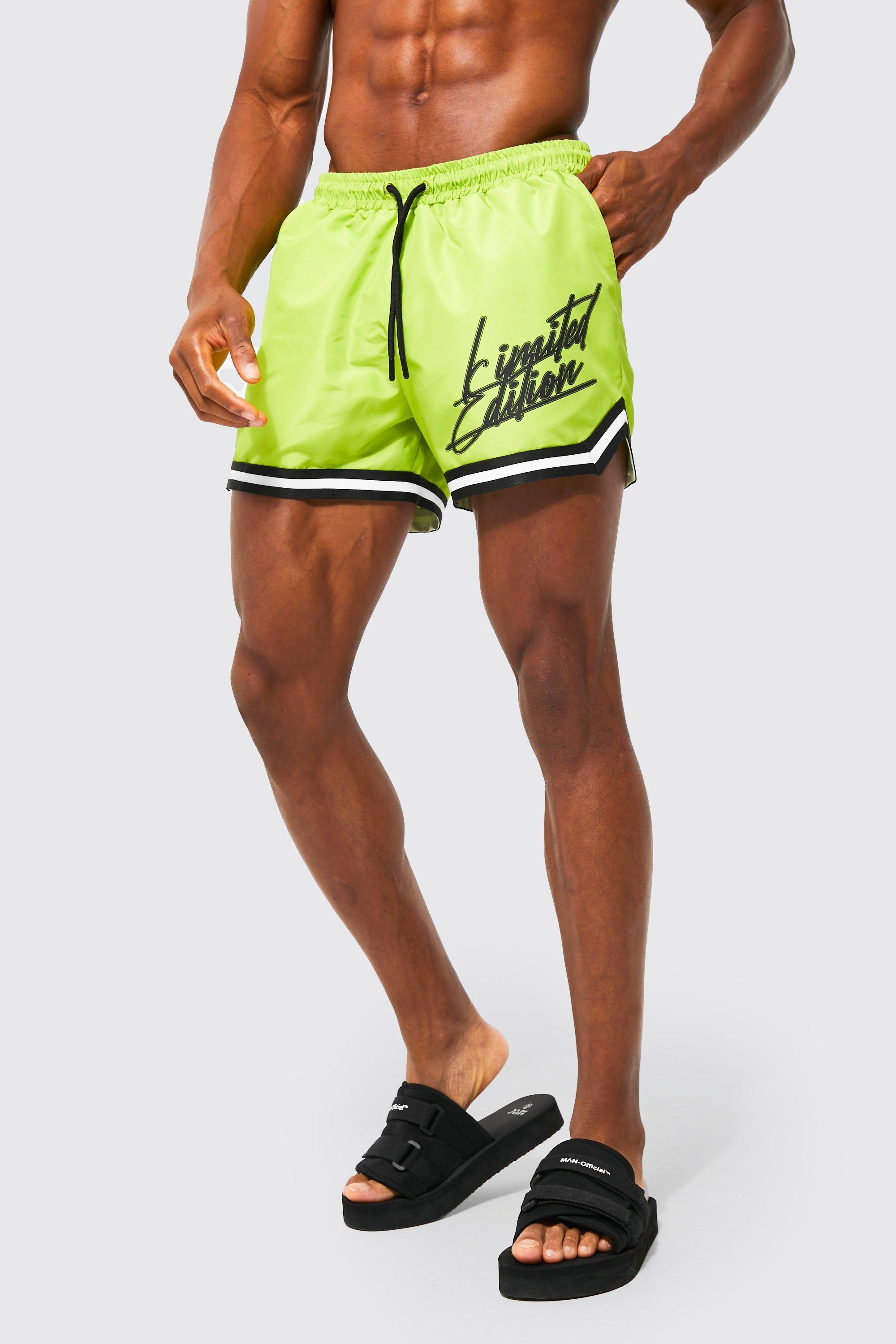 Mens Green Short Length Limited Border Swim Shorts, Green