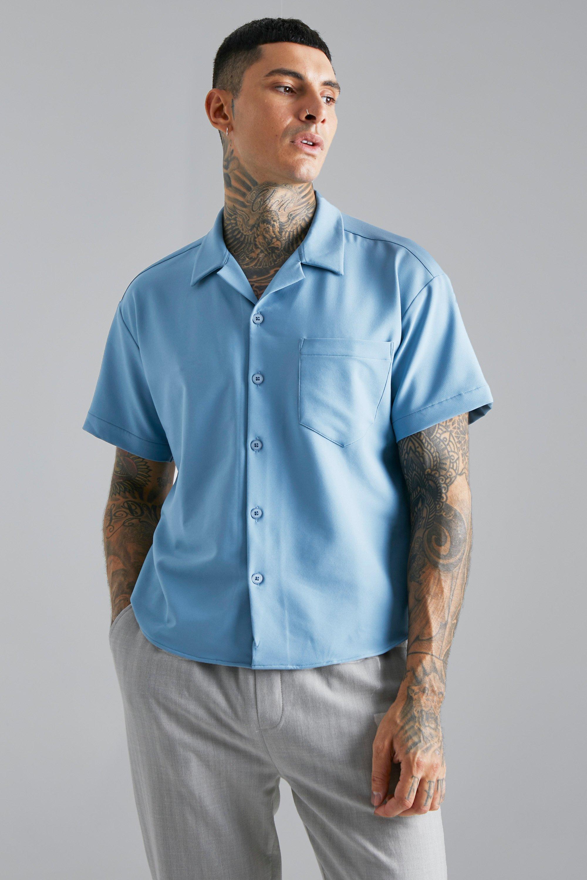 Mens Blue Nylon 4 Way Stretch Boxy Fit Shirt, Blue