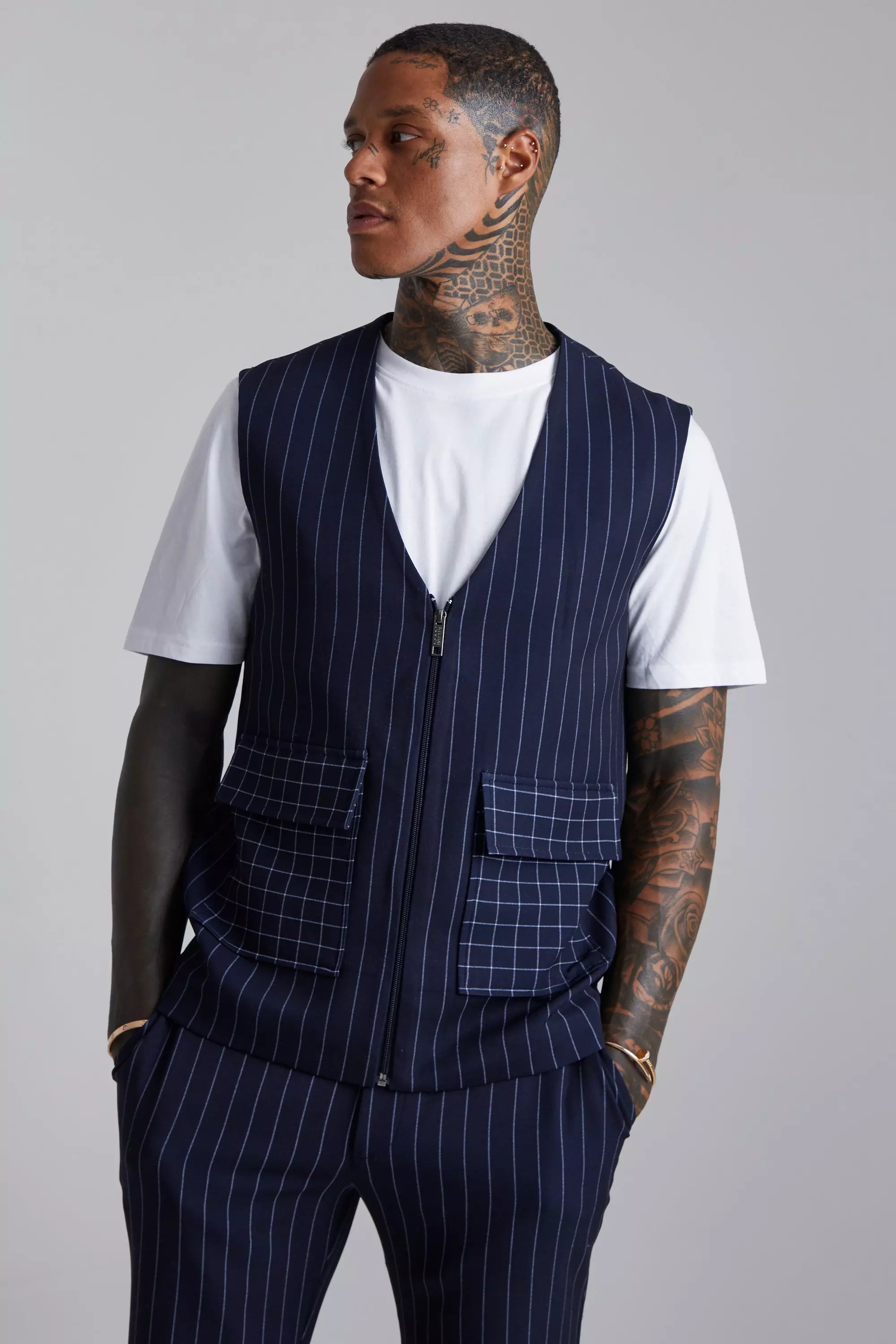 Pinstripe Zip Through Waistcoat