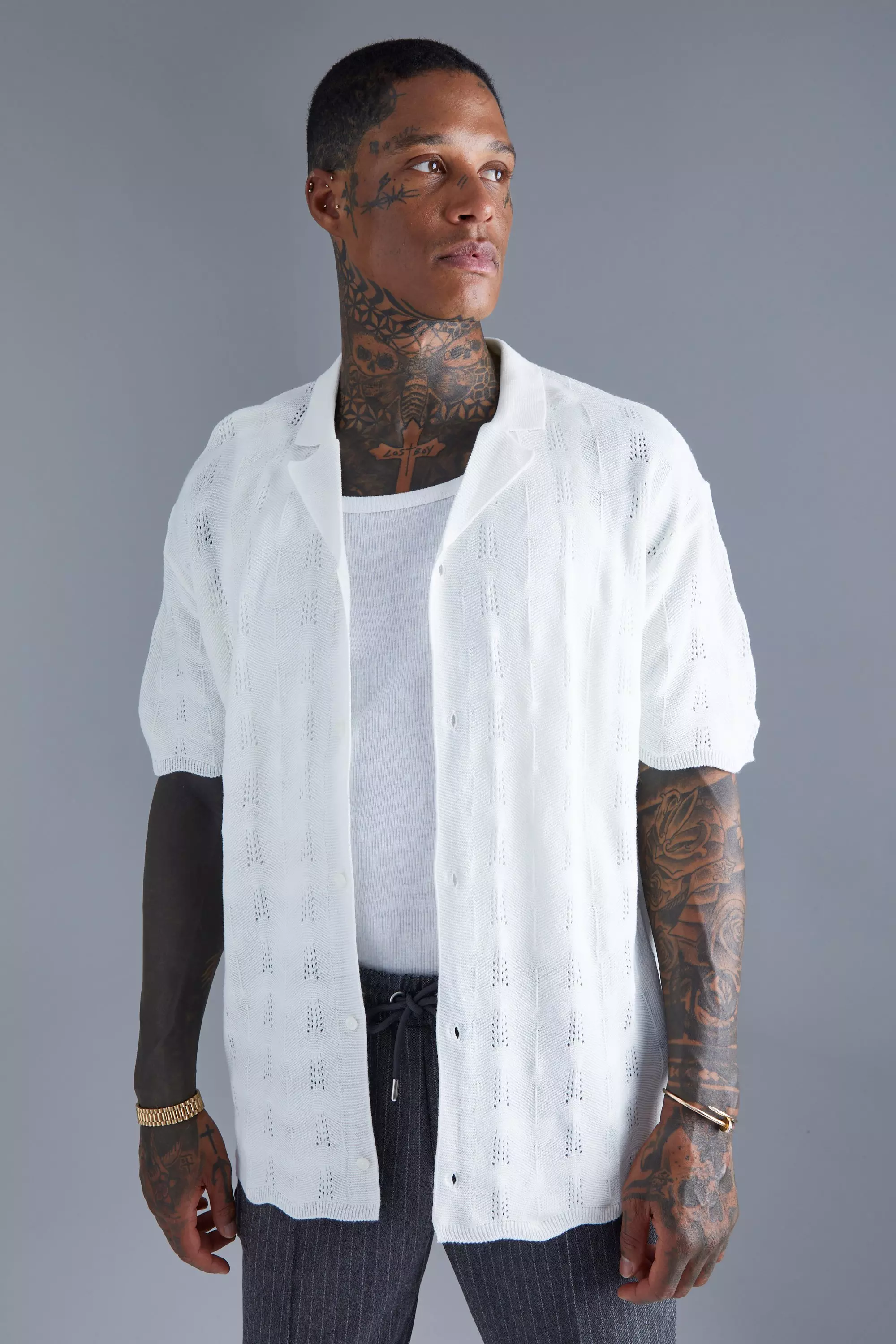boohoo Mens Open Stitch Button Down Knitted Shirt - White XL