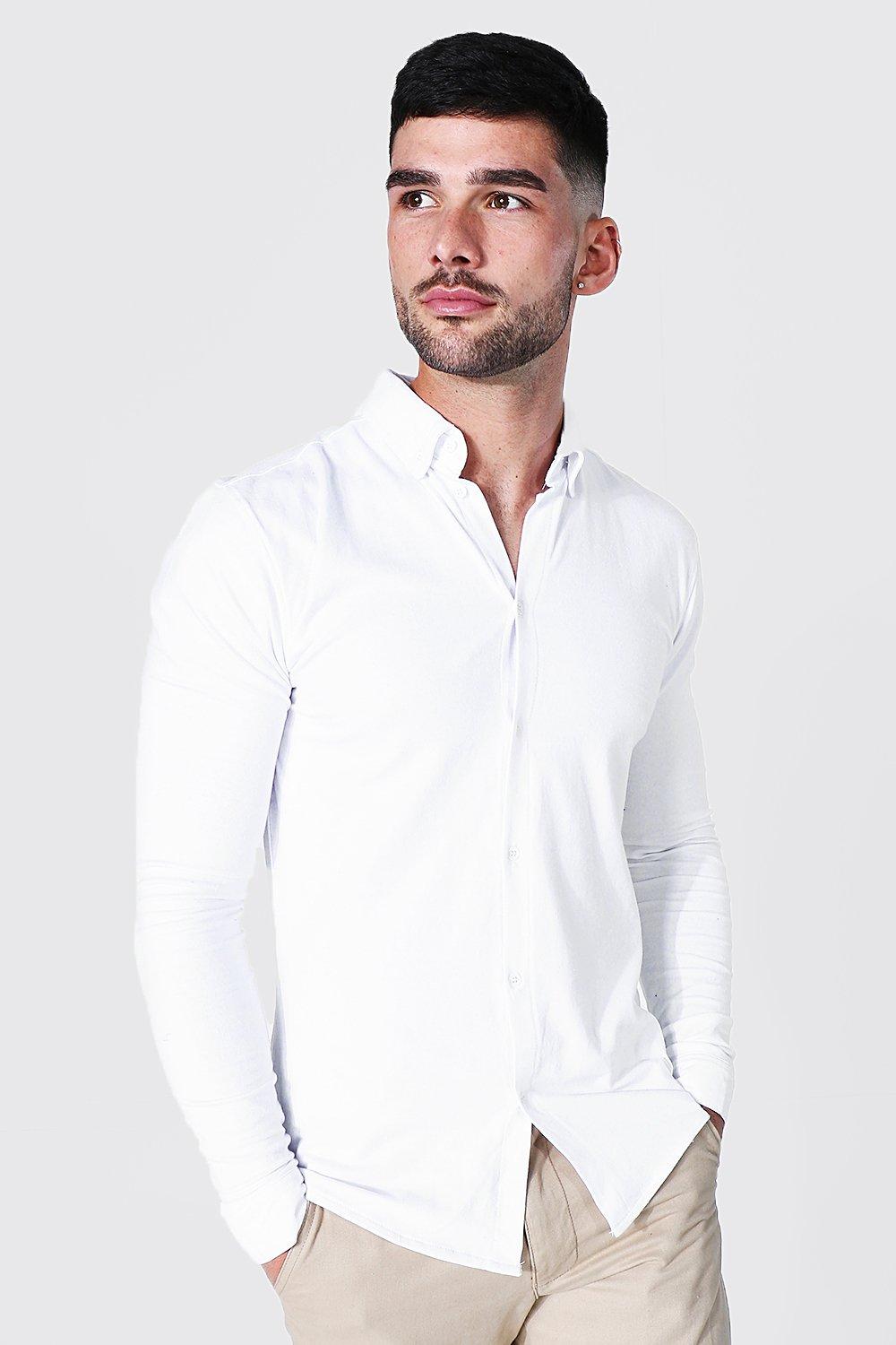 Mens White Muscle Fit Long Sleeve Jersey Shirt, White