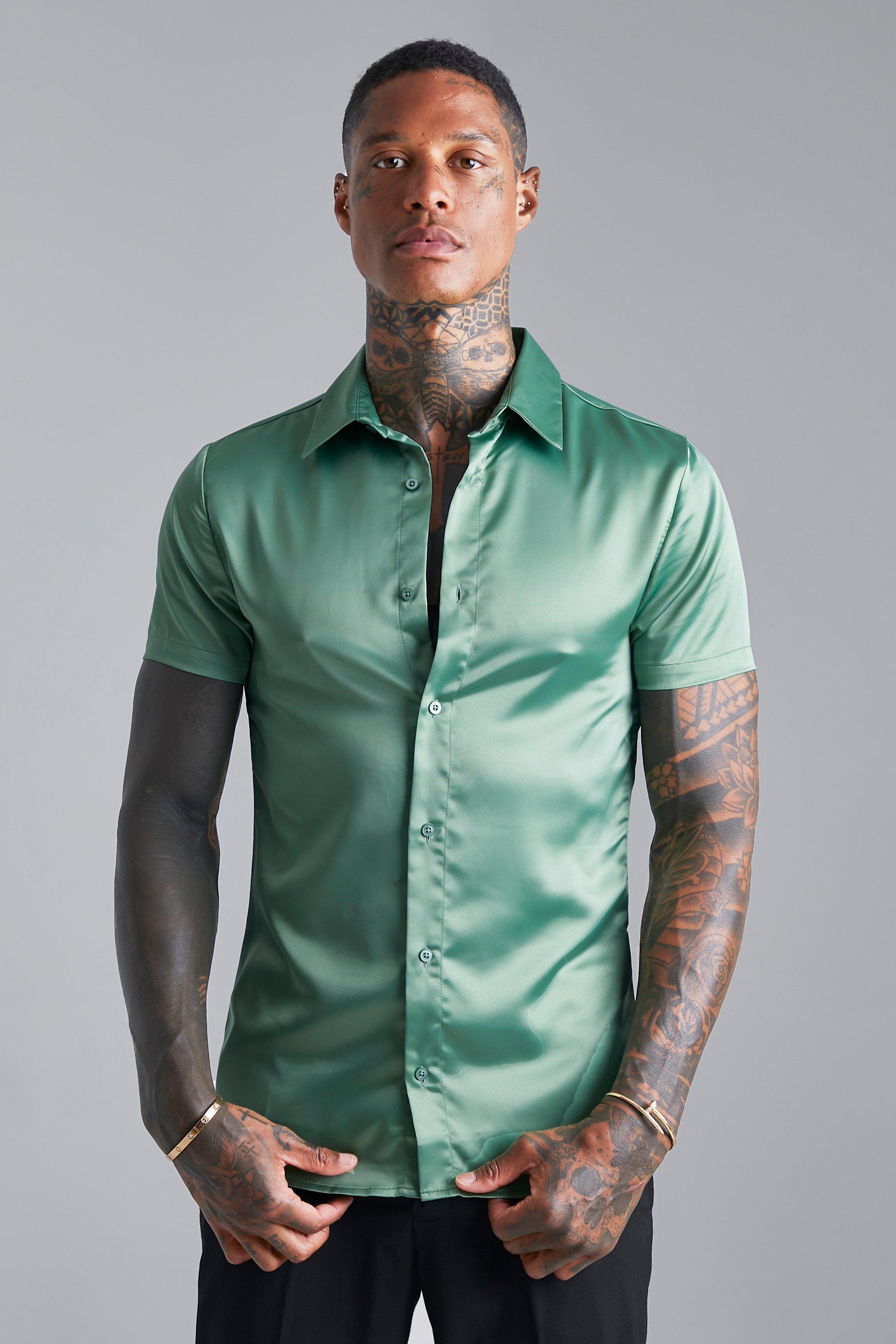 Mens Green Short Sleeve Muscle Fit Satin Shirt, Green