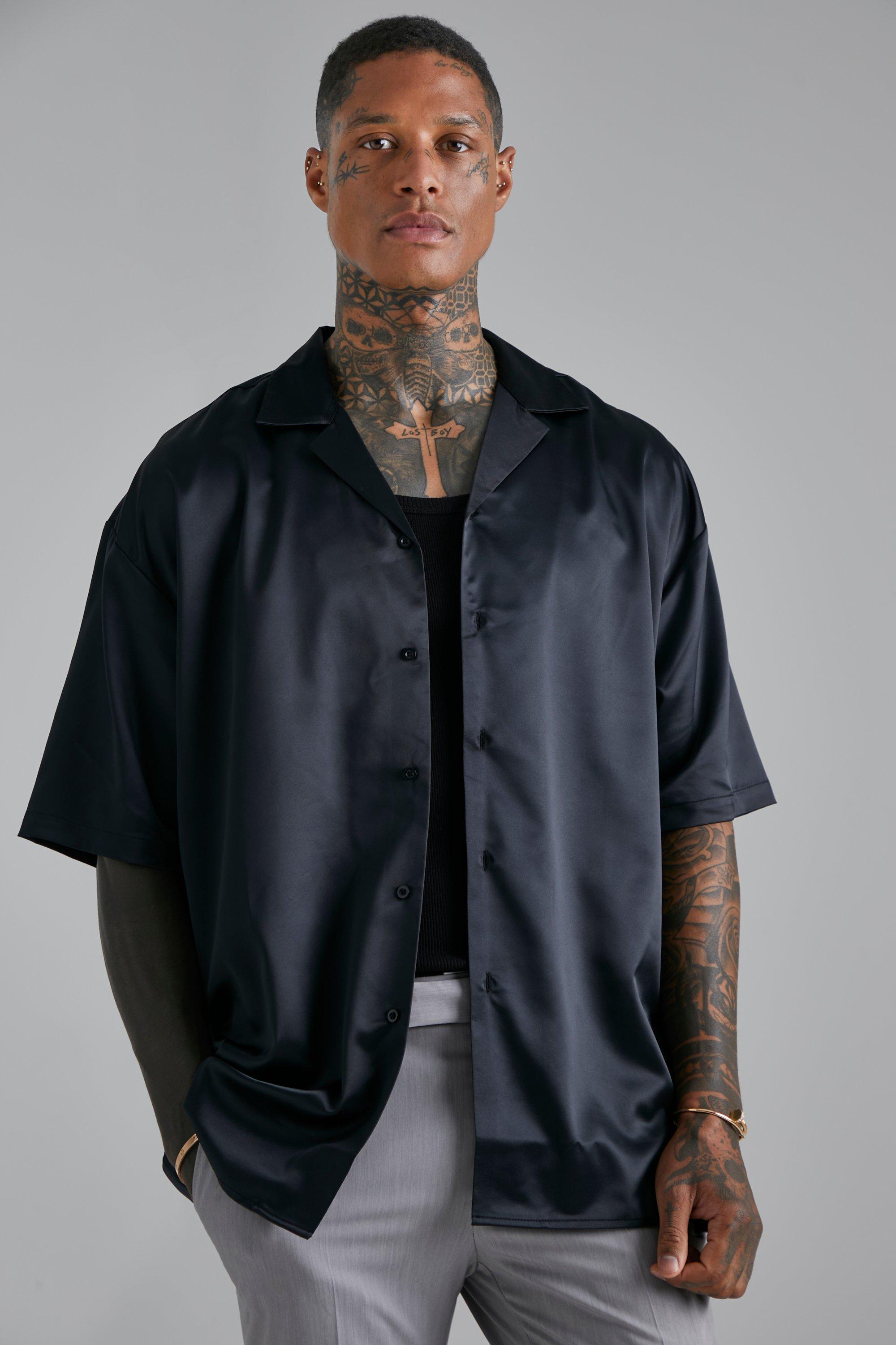 Mens Black Short Sleeve Oversize Boxy Revere Satin Shirt, Black