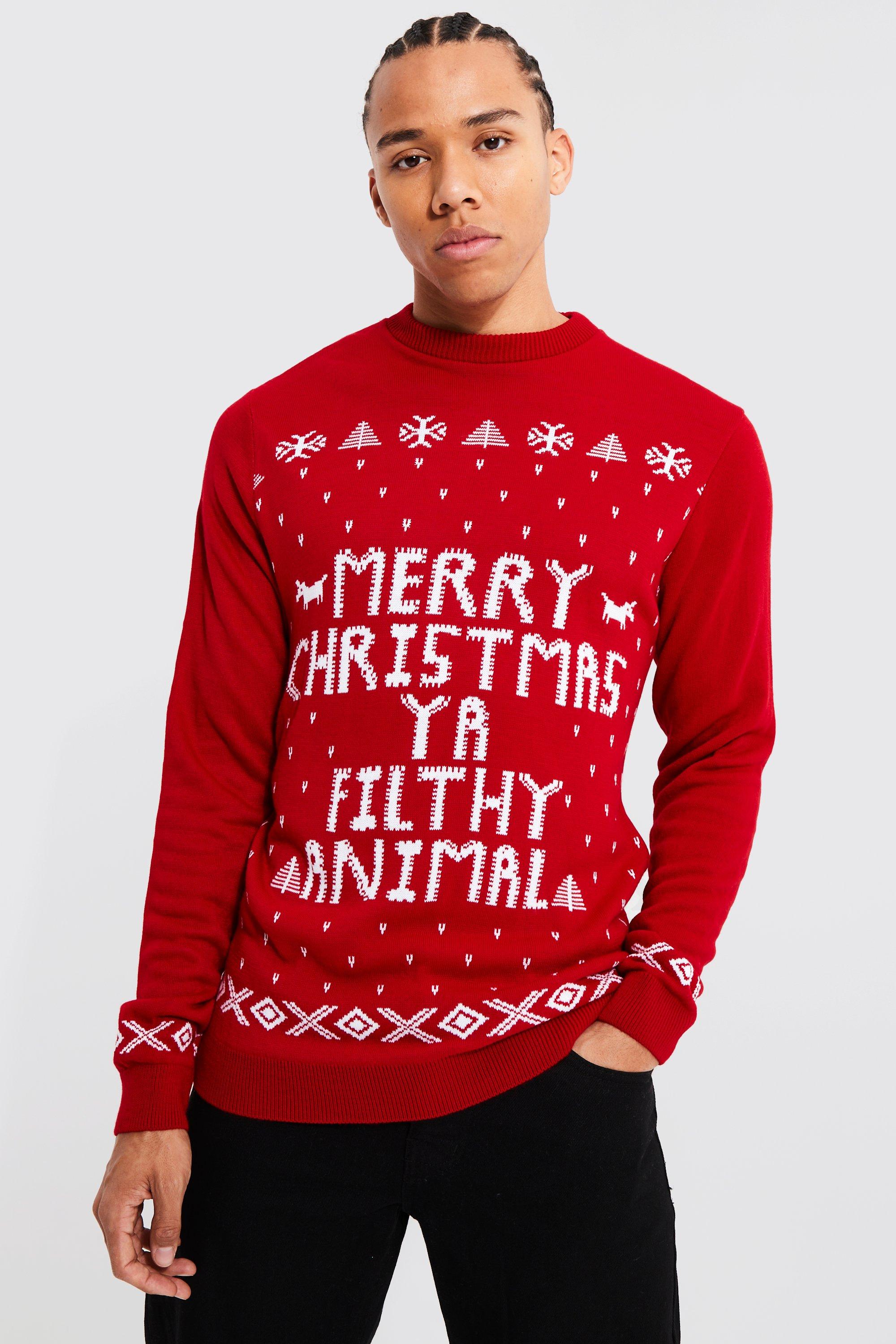 Mens Red Tall Ya Filthy Animal Christmas Jumper, Red