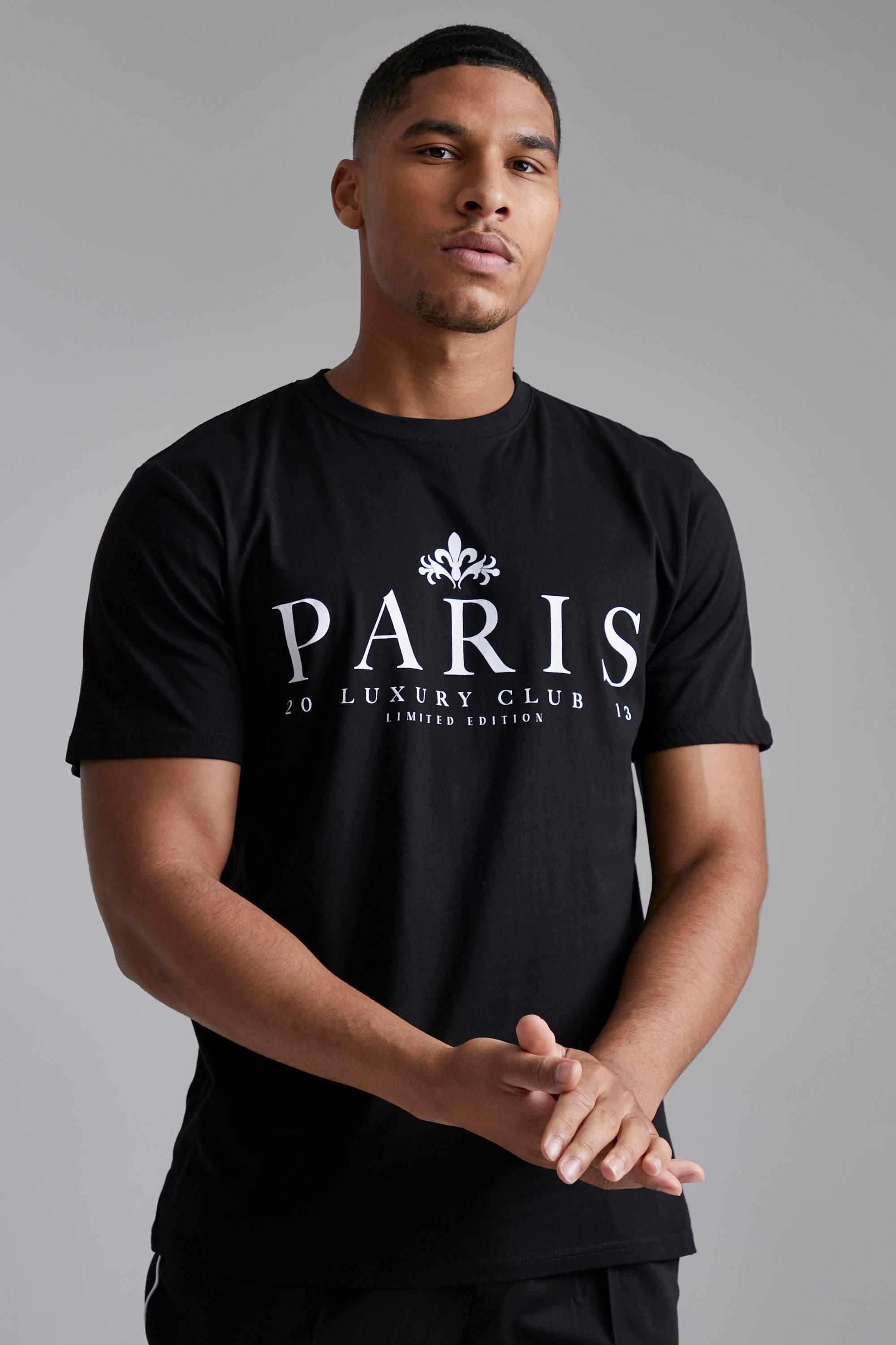 Mens Black Tall Paris City Print T-shirt, Black