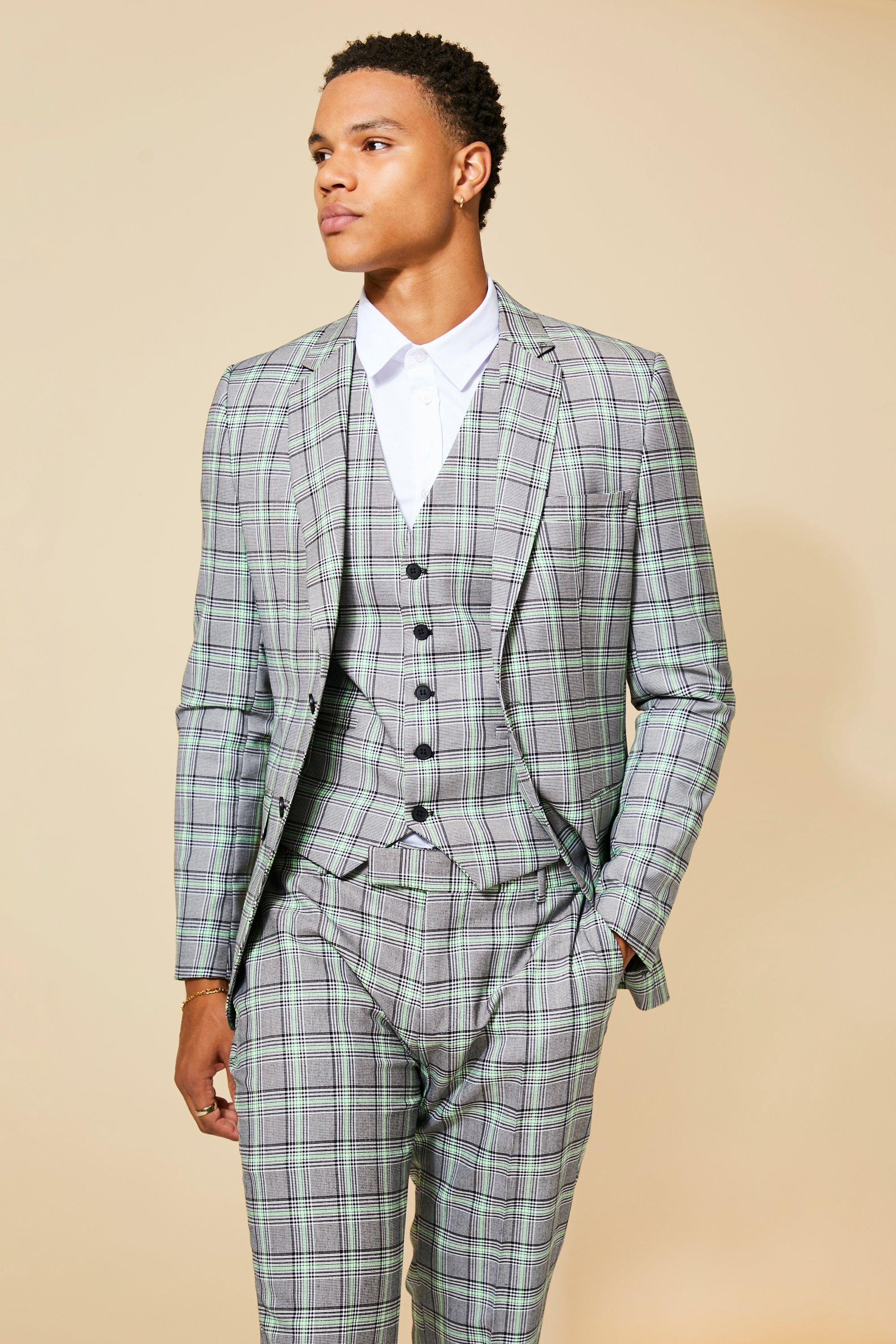 Mens Green Slim Single Breasted Neon Check Suit Jacket, Green