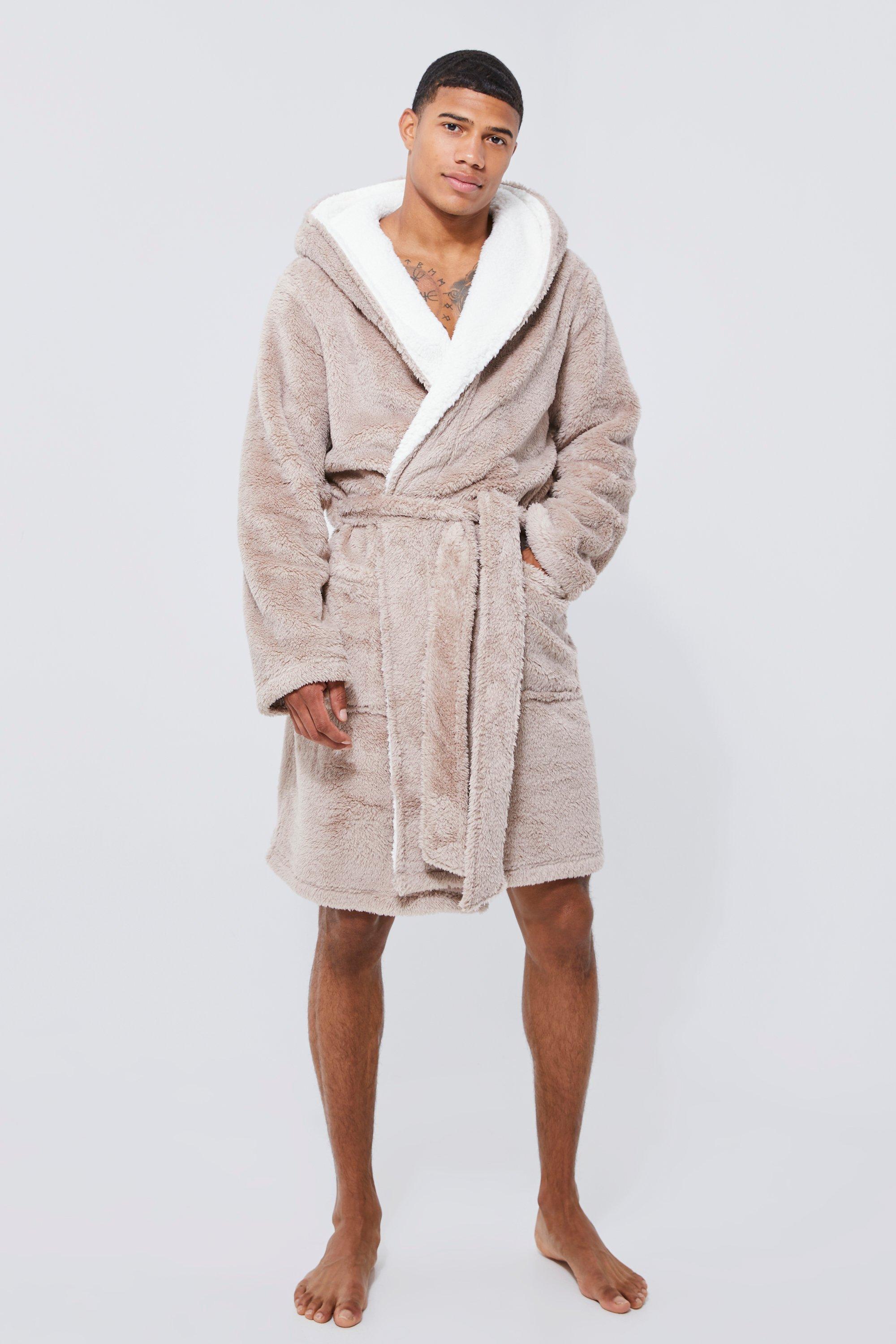 Mens Beige Borg Lined Hooded Dressing Gown, Beige
