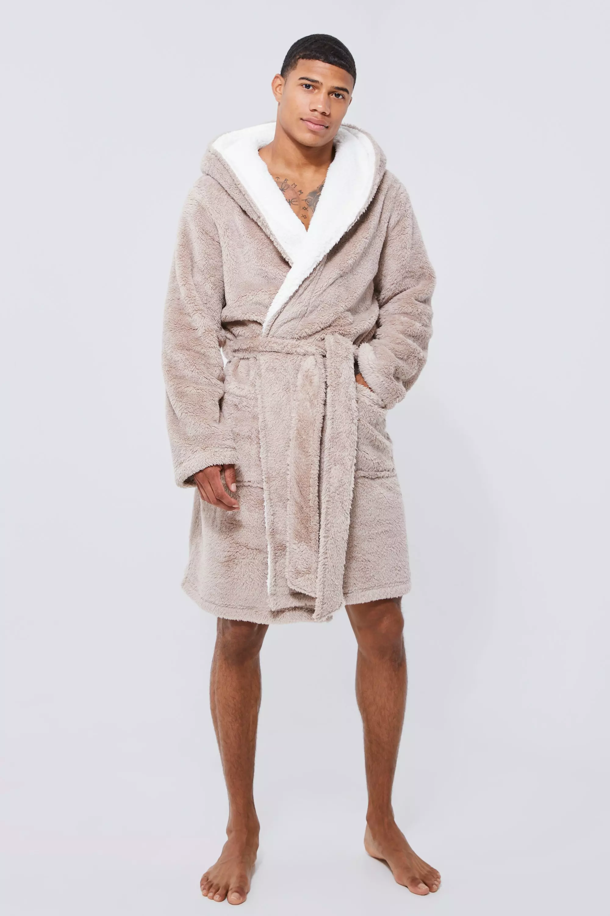 Borg Lined Hooded Dressing Gown boohooMAN UK