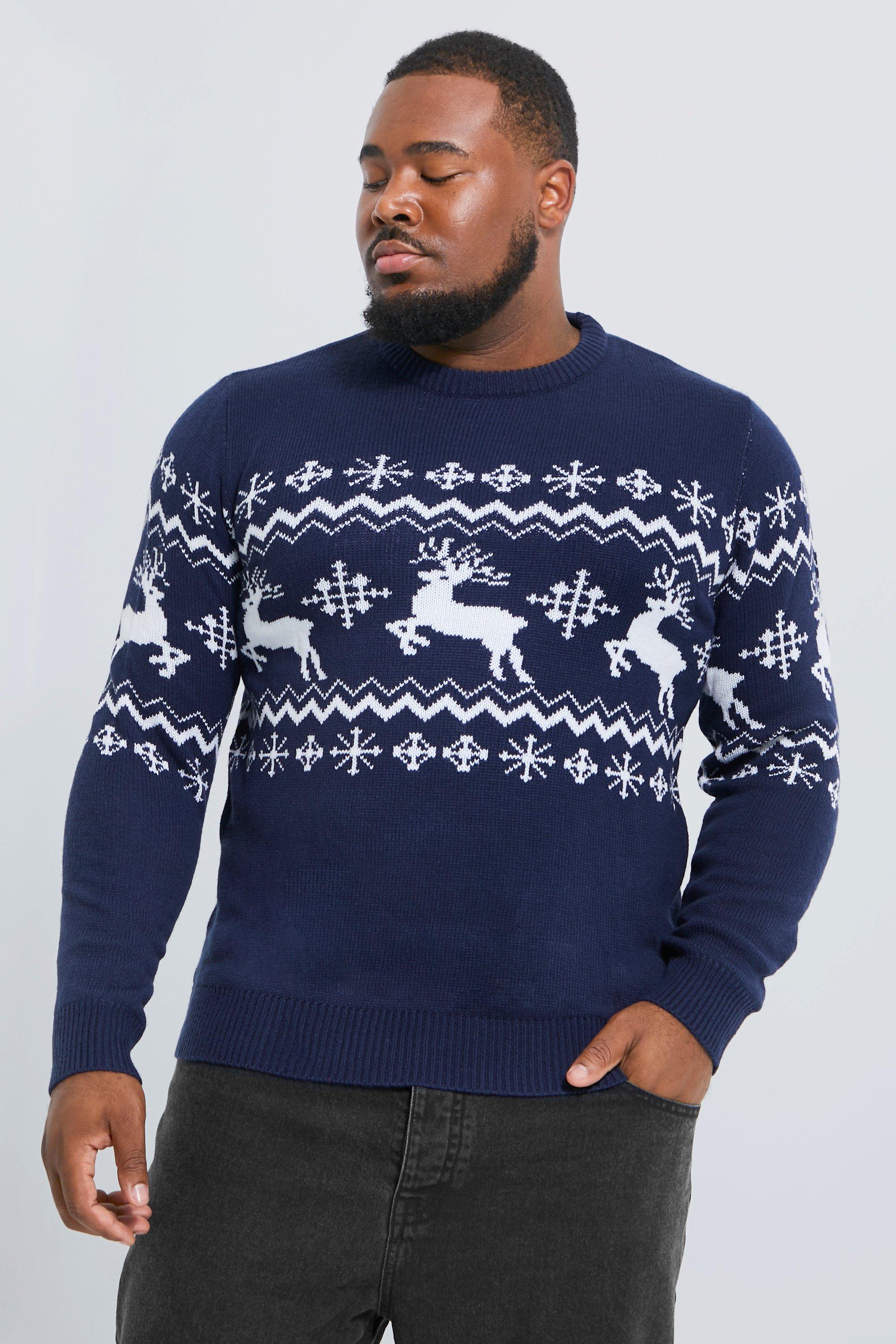 Mens Navy Plus Reindeer Fairisle Panel Christmas Jumper, Navy