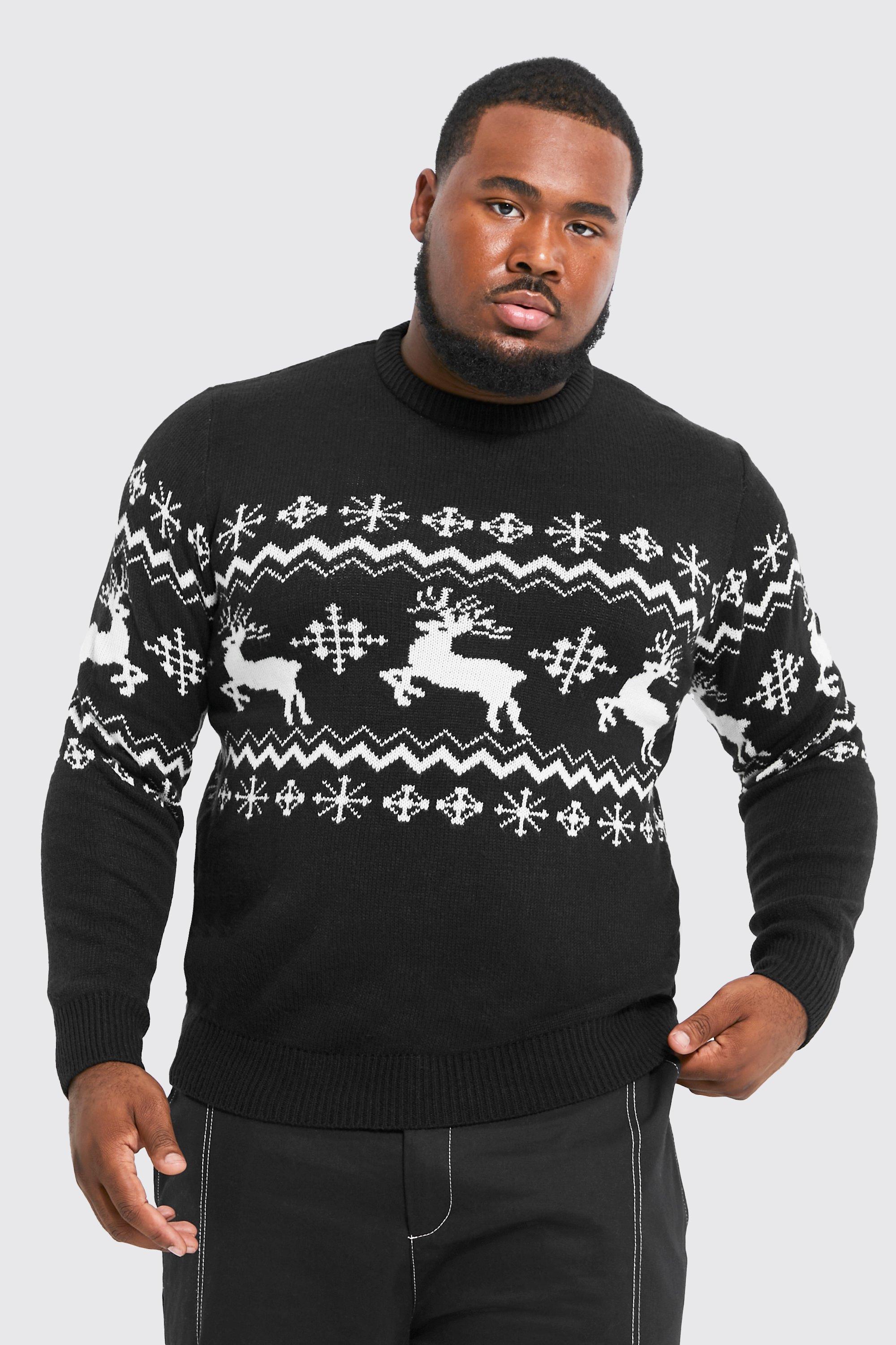 Mens Black Plus Reindeer Fairisle Panel Christmas Jumper, Black