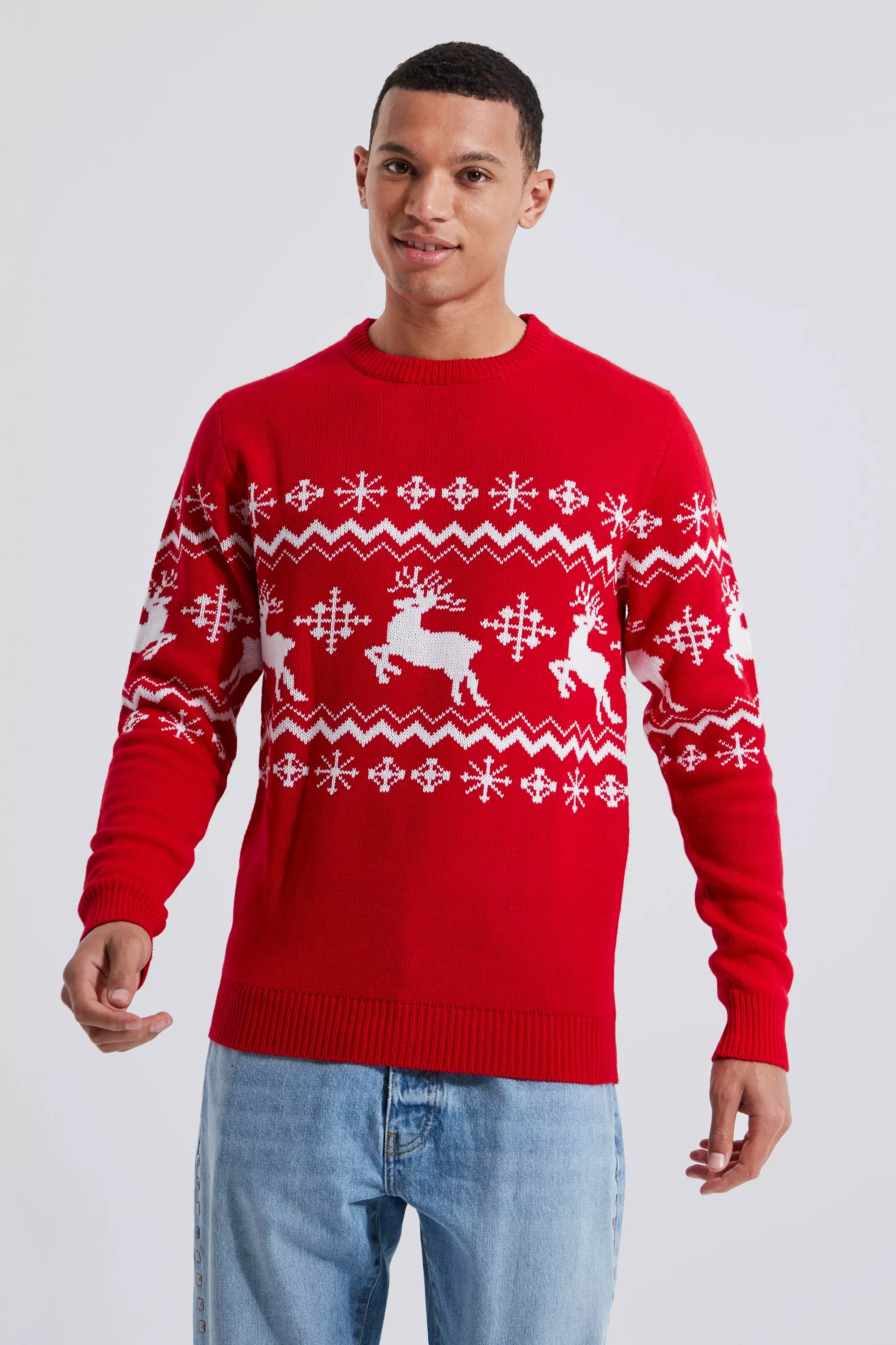 Tall Reindeer Fairisle Panel Christmas Sweater boohooMAN USA