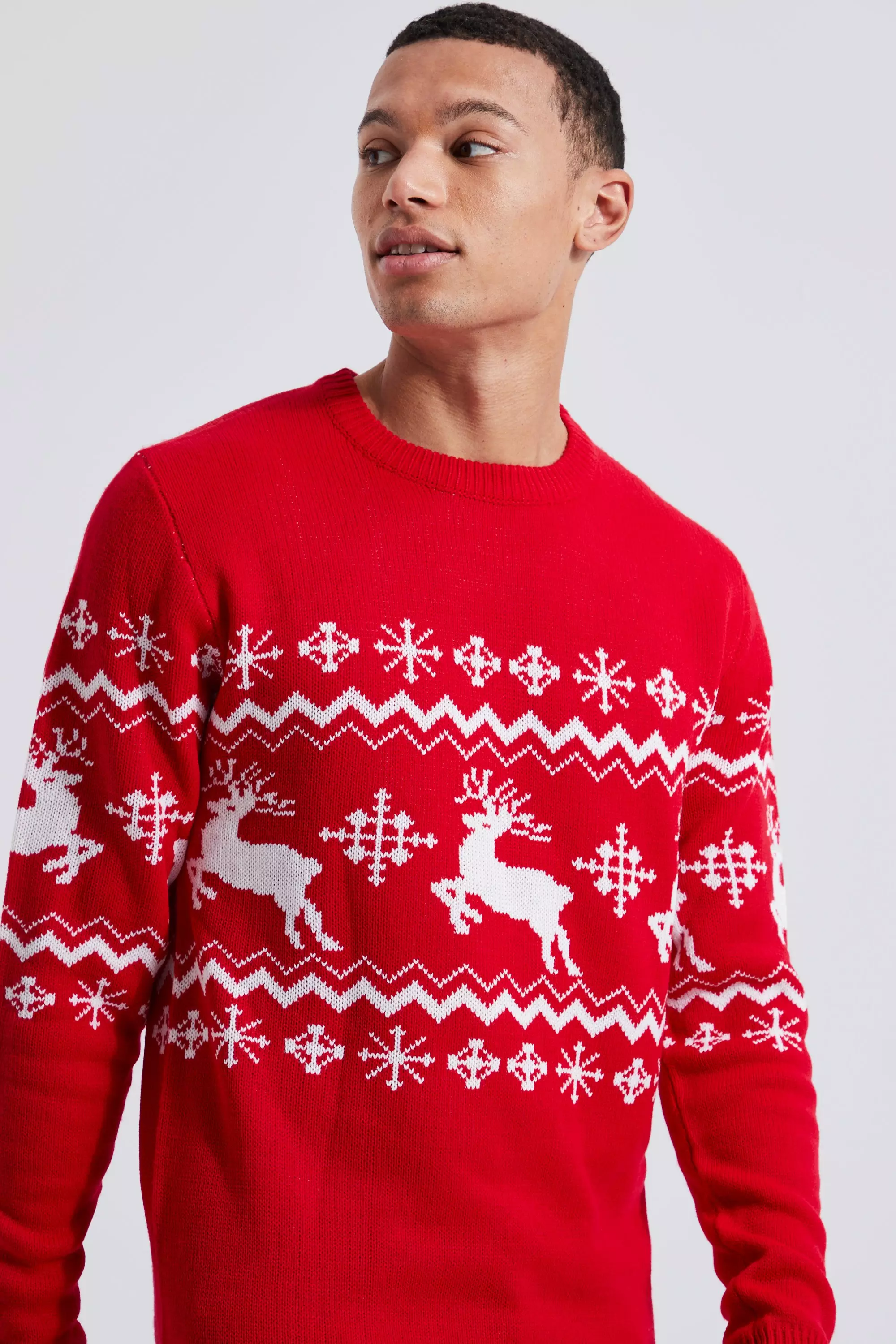 Tall Reindeer Fairisle Panel Christmas Jumper boohooMAN IE