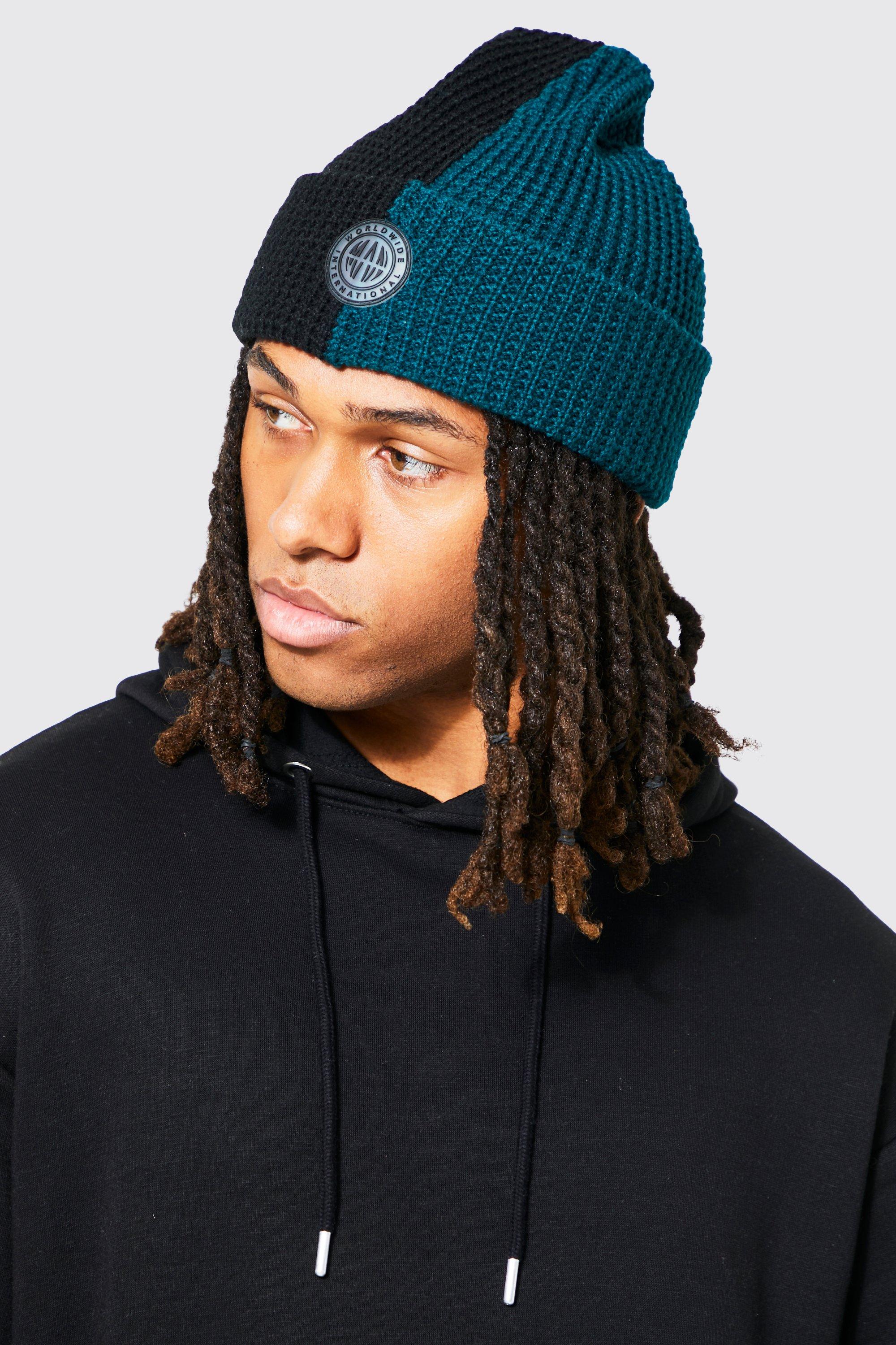 Mens Black Worldwide Splice Waffle Oversized Beanie, Black