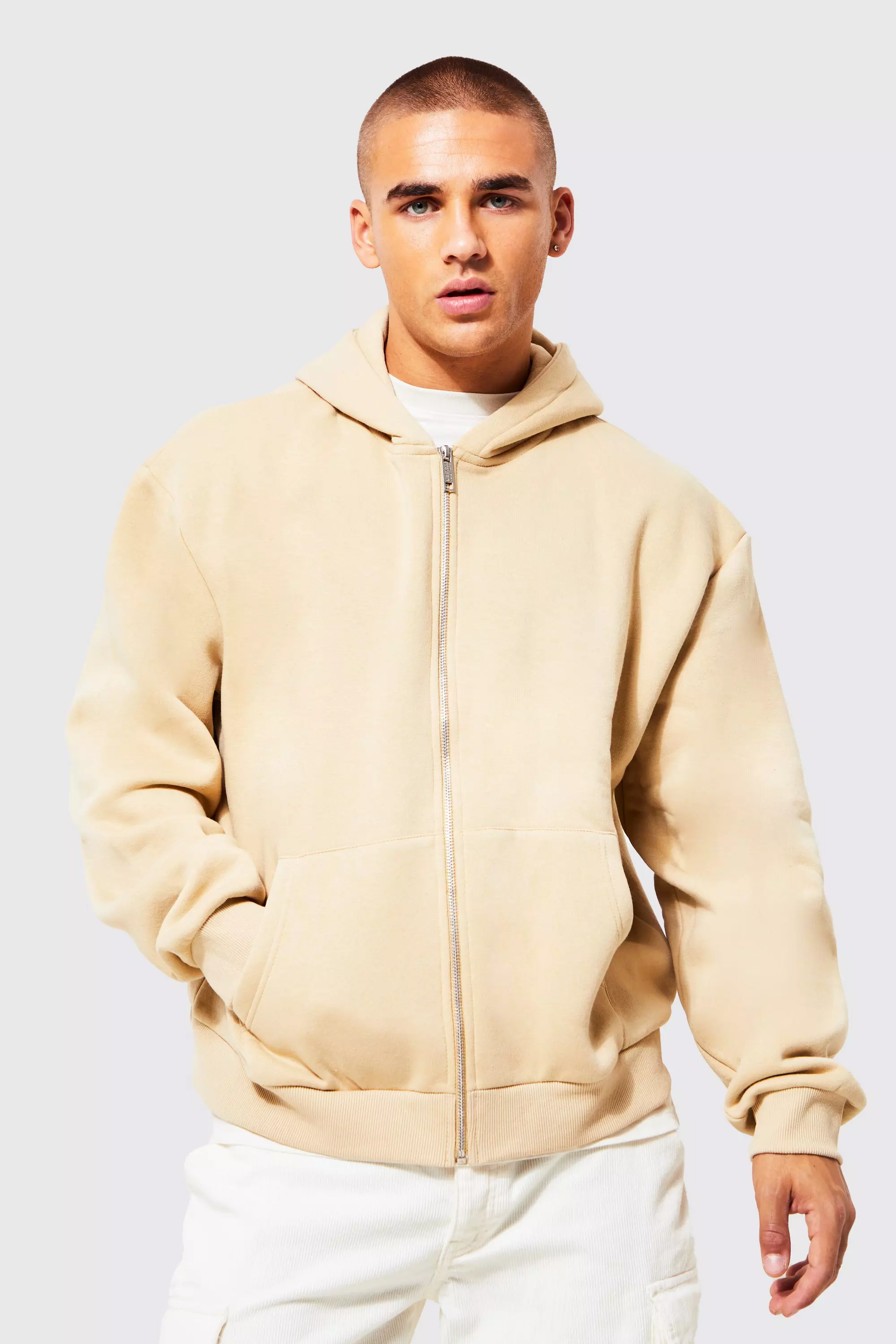 boohooMAN Boxy Fit Zip Through Hoodie - Beige - Size M