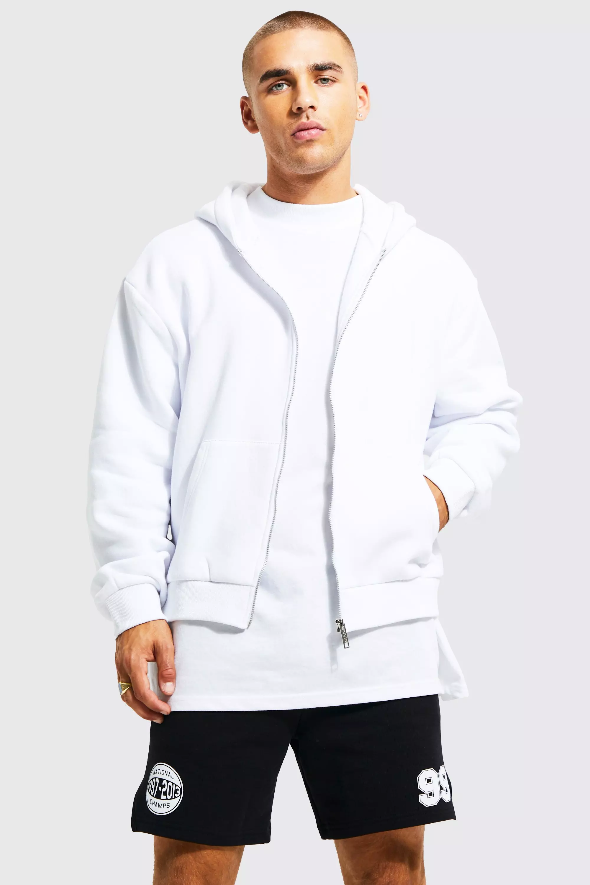 boohooMAN Boxy Fit Zip Through Hoodie - Beige - Size M