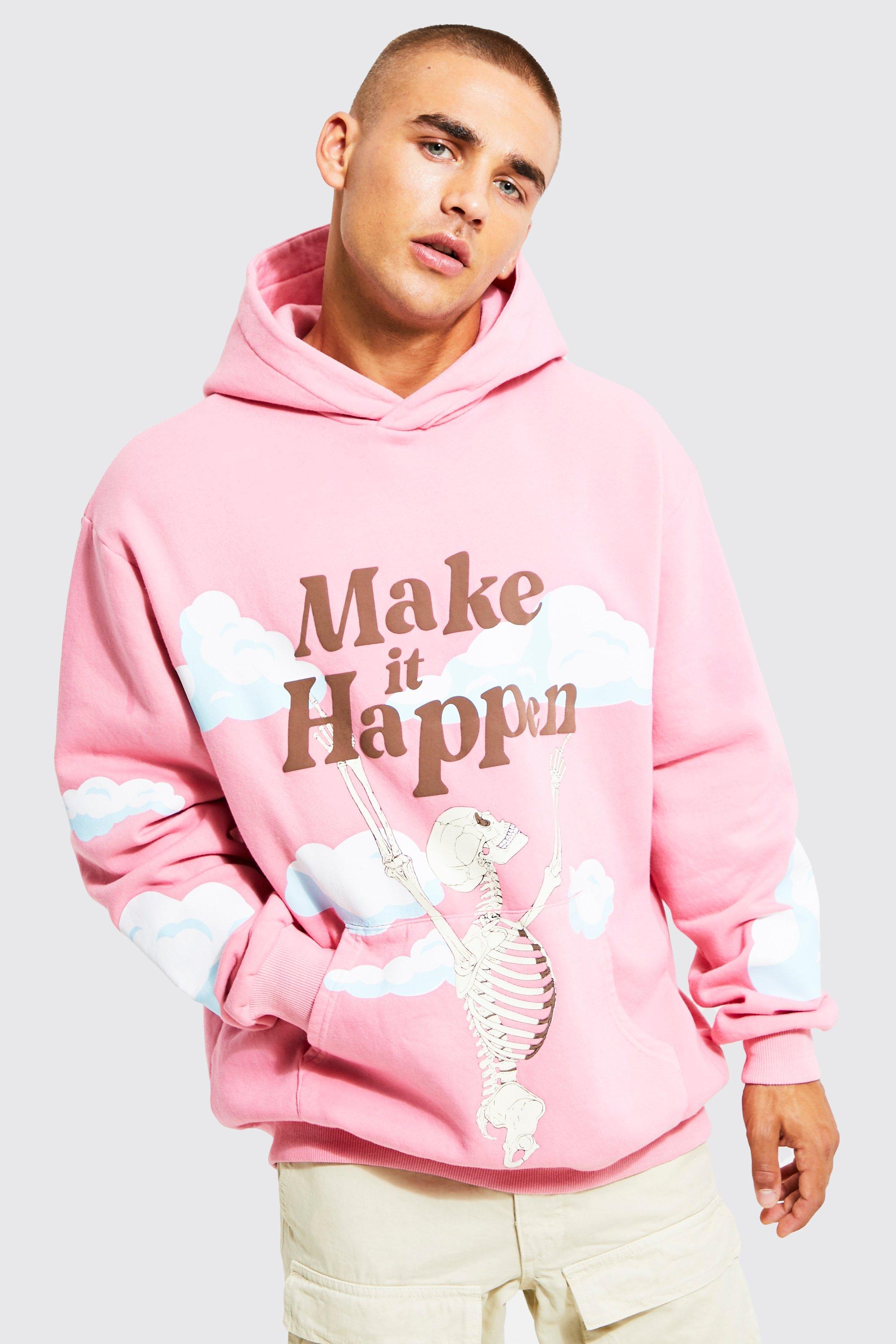 Mens Pink Oversized Skeleton Graphic Hoodie, Pink