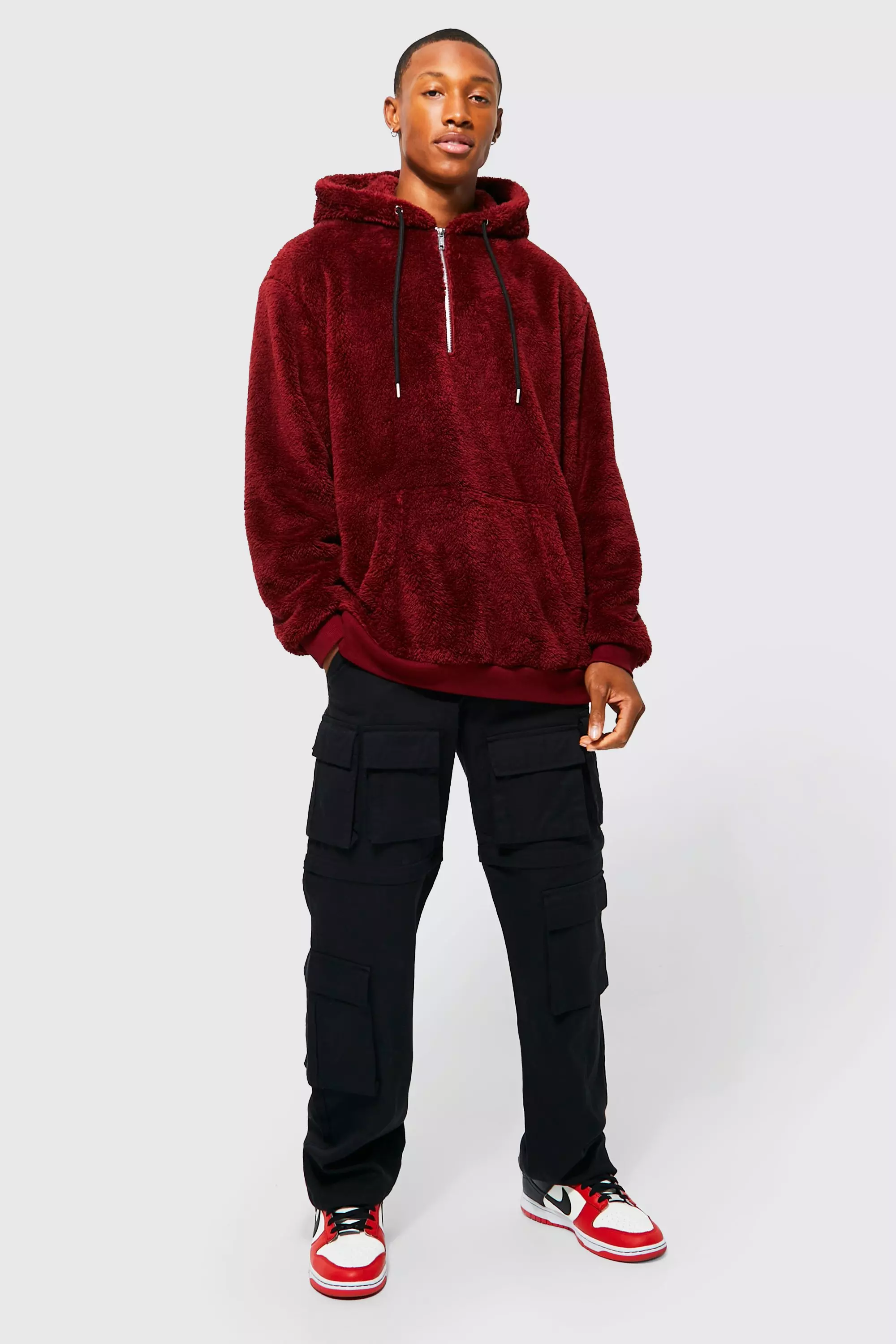 Oversized Half Zip Neck Borg Hoodie boohooMAN USA