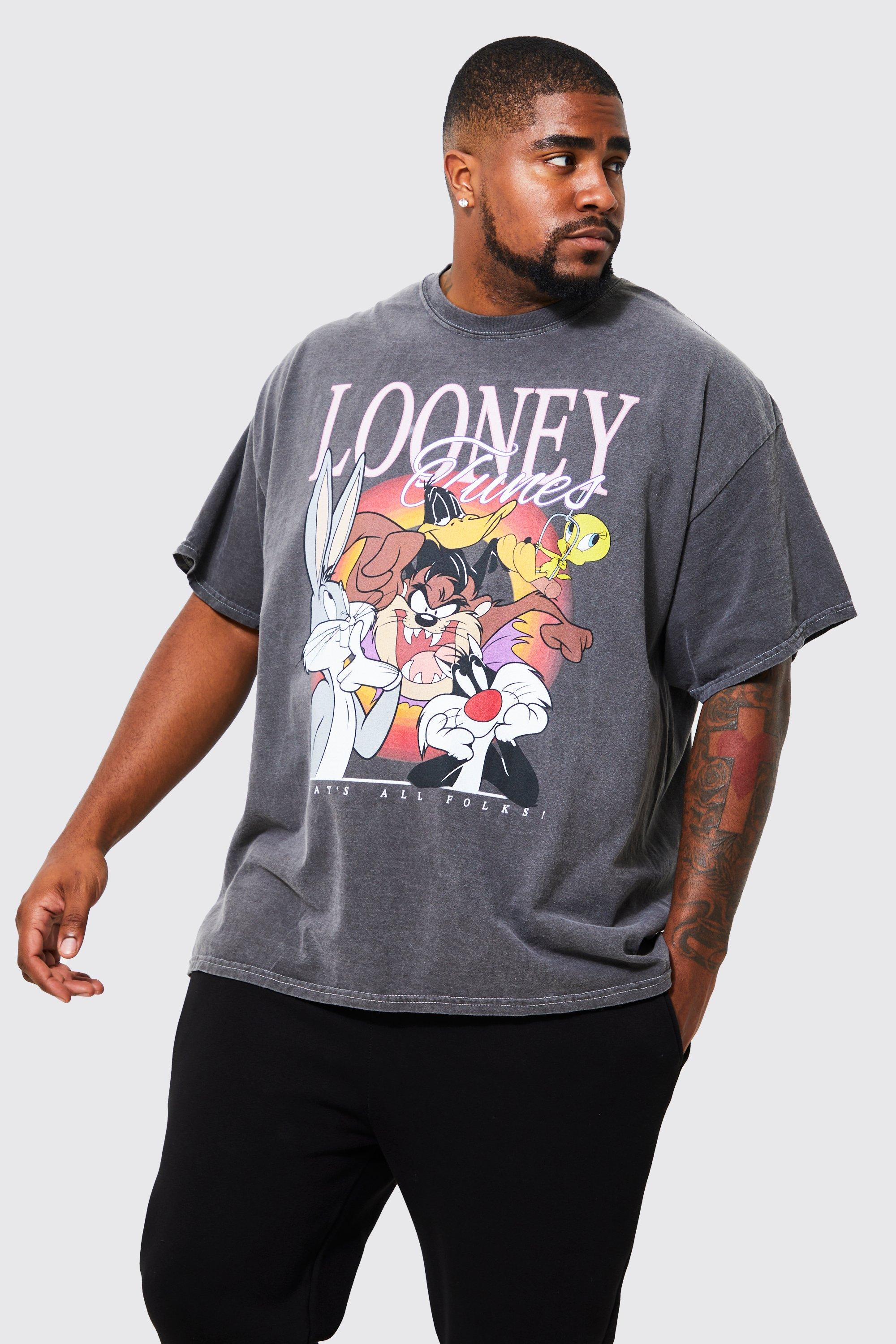 Mens Grey Plus Acid Wash Looney Tunes License T-shirt, Grey