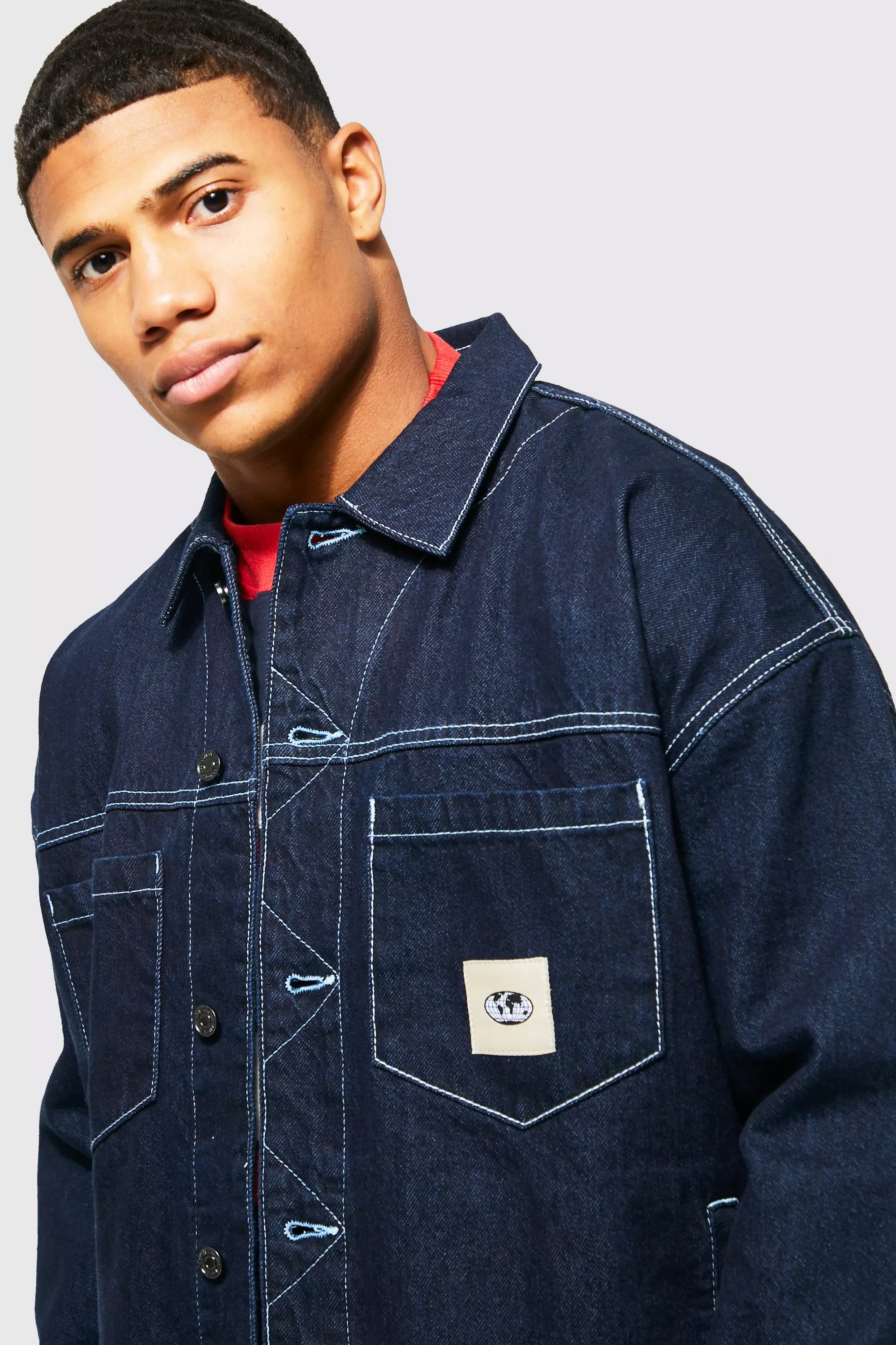 Mens Red Contrast Stitch Denim Jacket