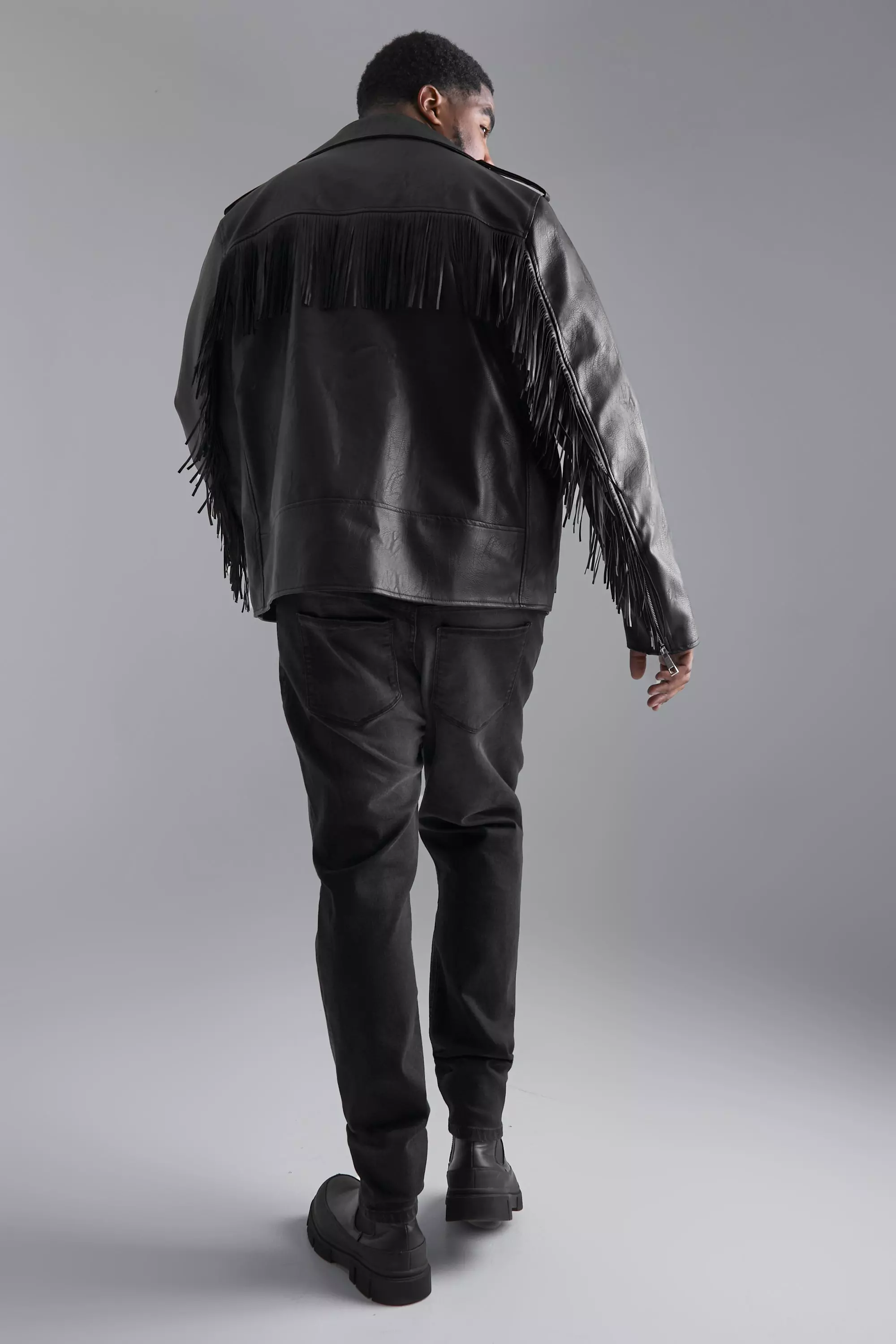 Plus Faux Leather Biker Jacket With Fringe | boohooMAN UK