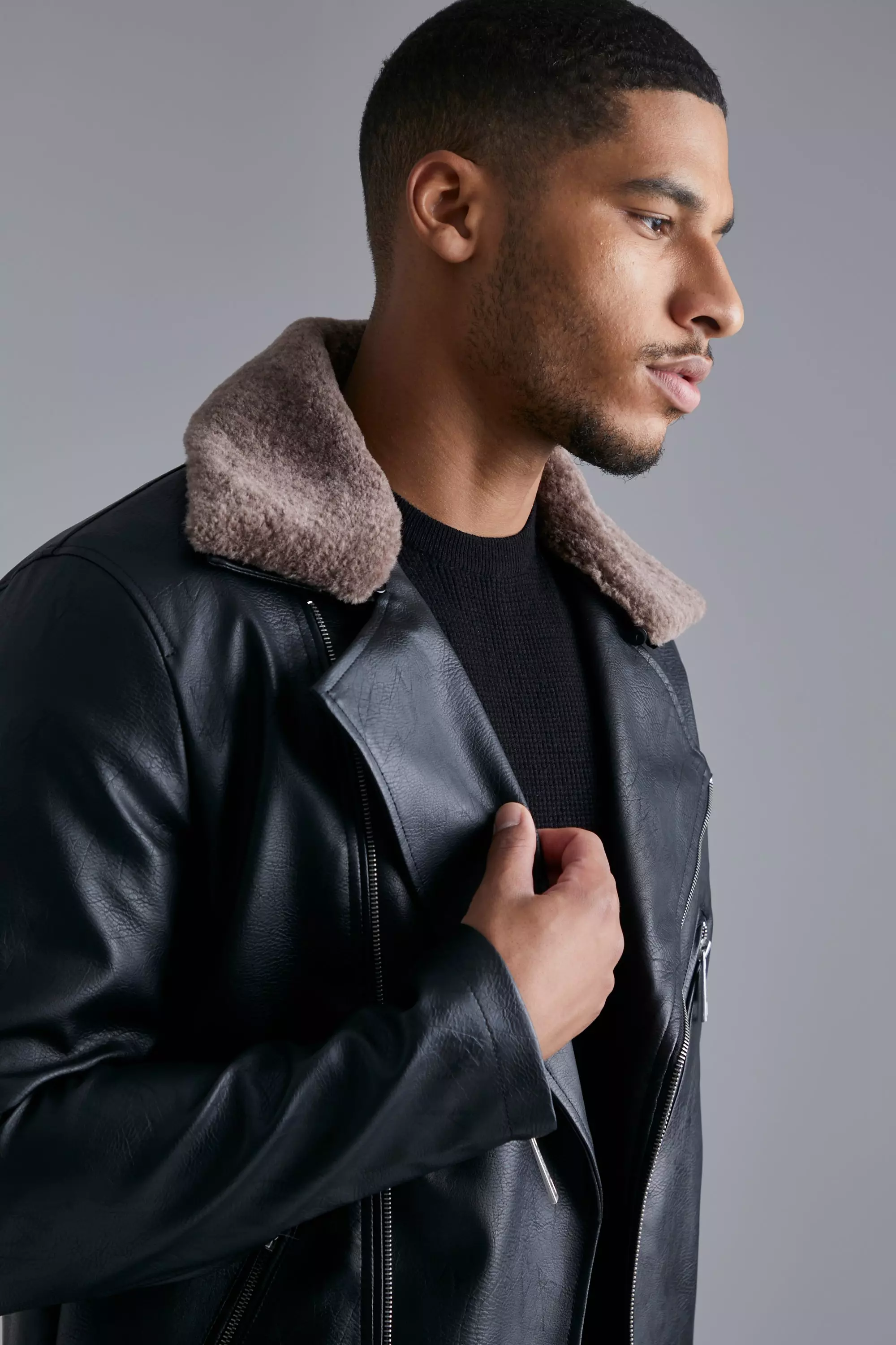 Tall Pu Biker Jacket With Faux Fur Collar boohooMAN UK