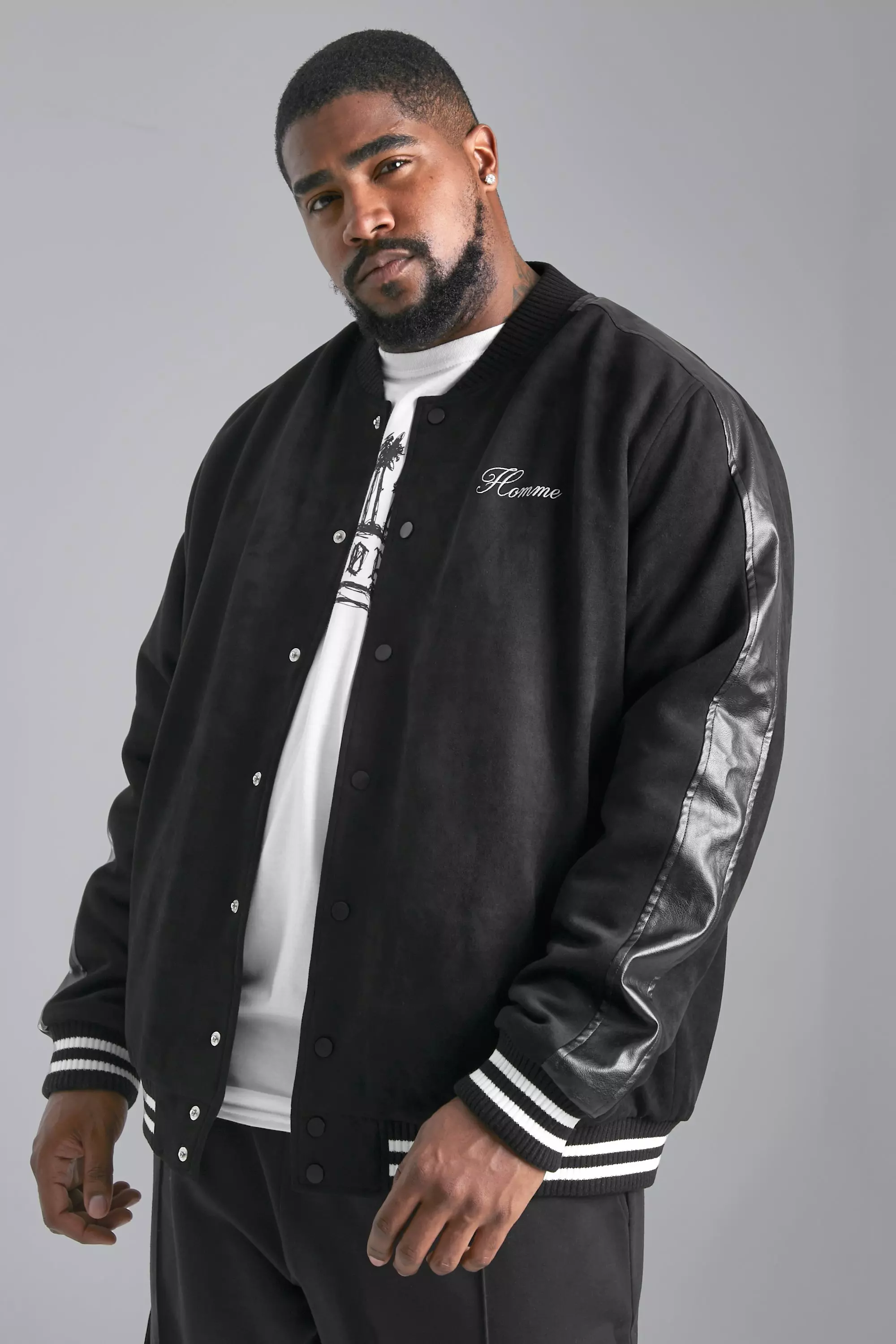 Plus Faux Suede Bomber With Chunky Rib | boohooMAN USA